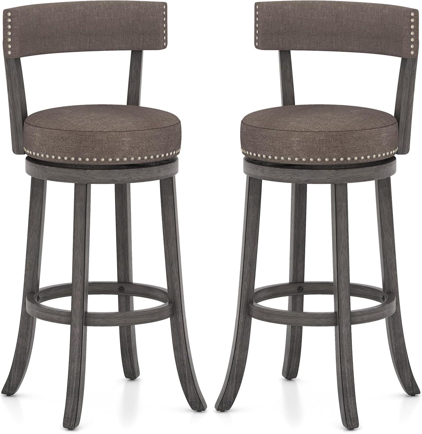 image:imageGiantex 26 Bar Stools Set of 2 Swivel Counter Height Bar Chairs with Footrest Rubber Wood Frame Upholstered Linen Barstools with Back amp Cushioned Seat for Kitchen Island Dining Room Pub1