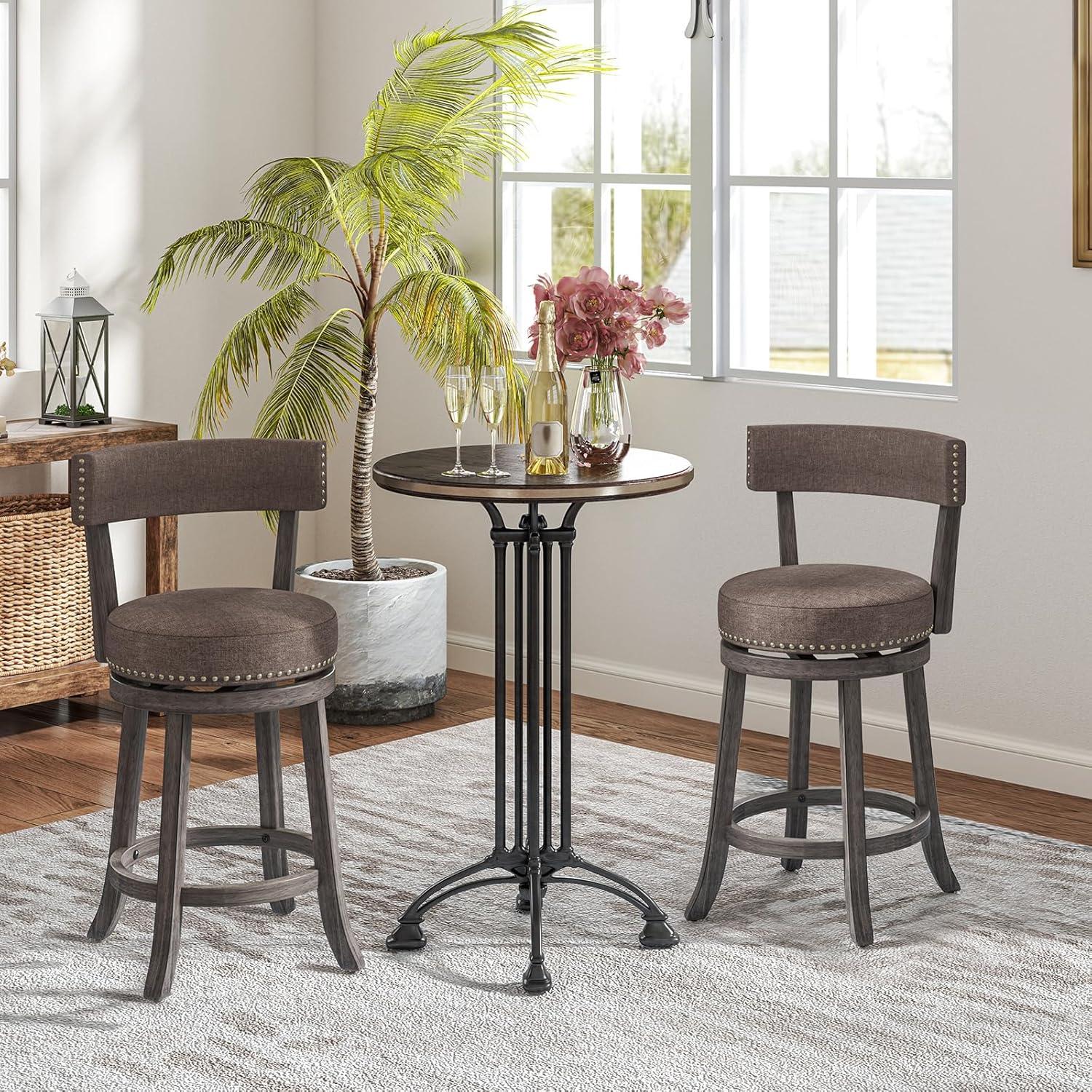image:imageGiantex 26 Bar Stools Set of 2 Swivel Counter Height Bar Chairs with Footrest Rubber Wood Frame Upholstered Linen Barstools with Back amp Cushioned Seat for Kitchen Island Dining Room Pub1
