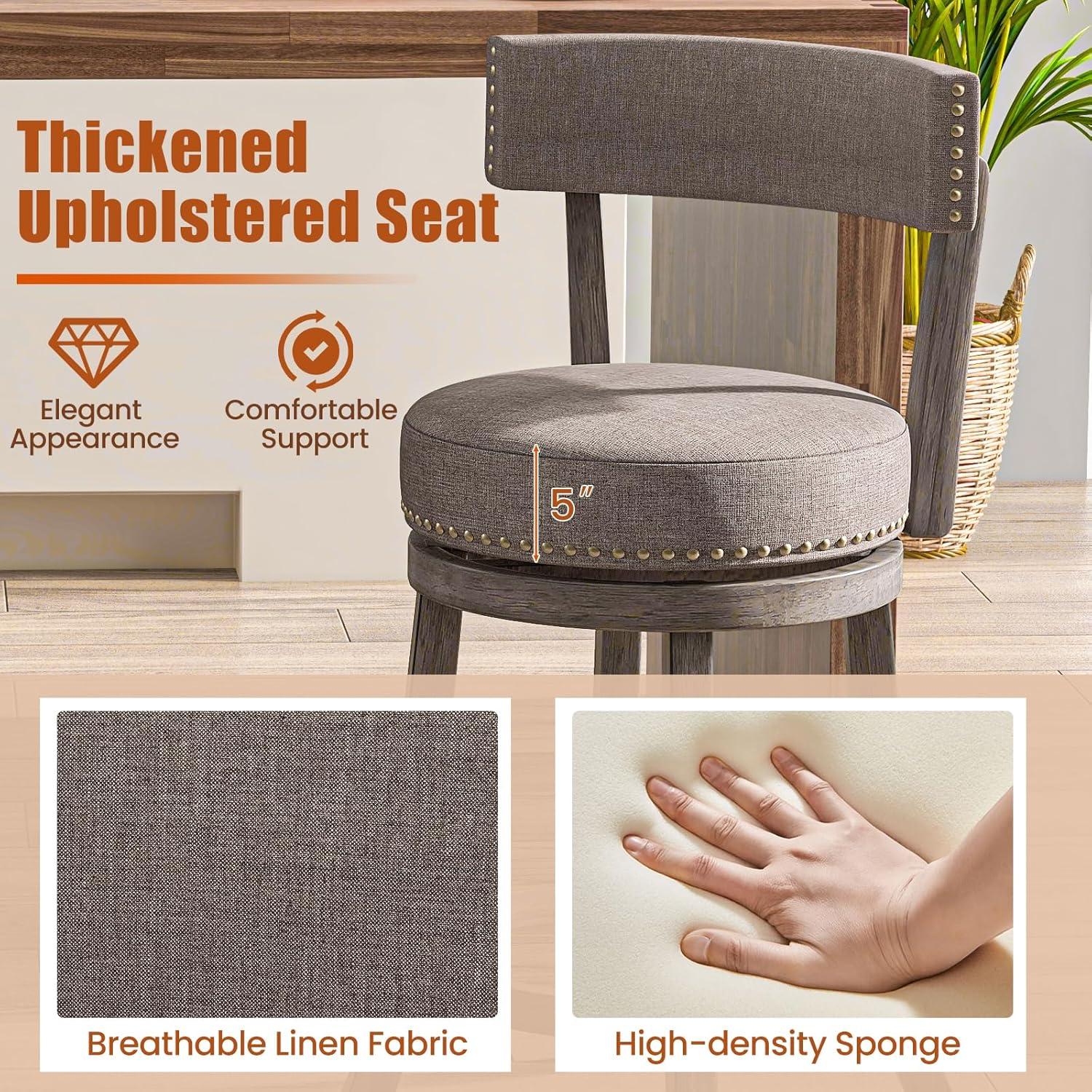 image:imageGiantex 26 Bar Stools Set of 2 Swivel Counter Height Bar Chairs with Footrest Rubber Wood Frame Upholstered Linen Barstools with Back amp Cushioned Seat for Kitchen Island Dining Room Pub2