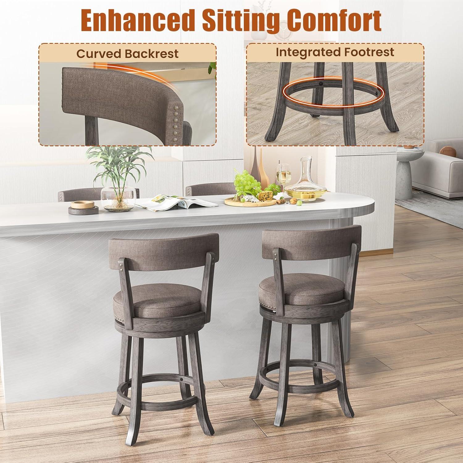image:imageGiantex 26 Bar Stools Set of 2 Swivel Counter Height Bar Chairs with Footrest Rubber Wood Frame Upholstered Linen Barstools with Back amp Cushioned Seat for Kitchen Island Dining Room Pub2