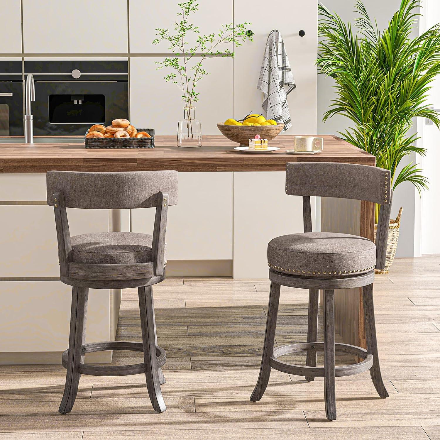 image:imageGiantex 26 Bar Stools Set of 2 Swivel Counter Height Bar Chairs with Footrest Rubber Wood Frame Upholstered Linen Barstools with Back amp Cushioned Seat for Kitchen Island Dining Room Pub2