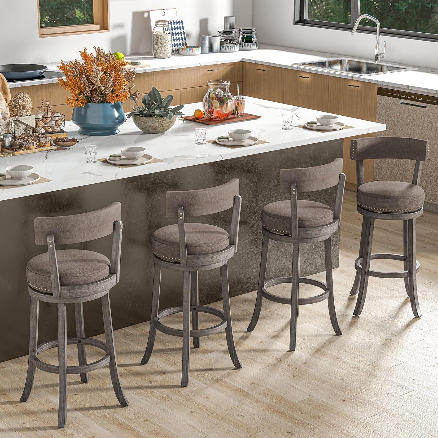 image:imageGiantex 26 Bar Stools Set of 2 Swivel Counter Height Bar Chairs with Footrest Rubber Wood Frame Upholstered Linen Barstools with Back amp Cushioned Seat for Kitchen Island Dining Room Pub2