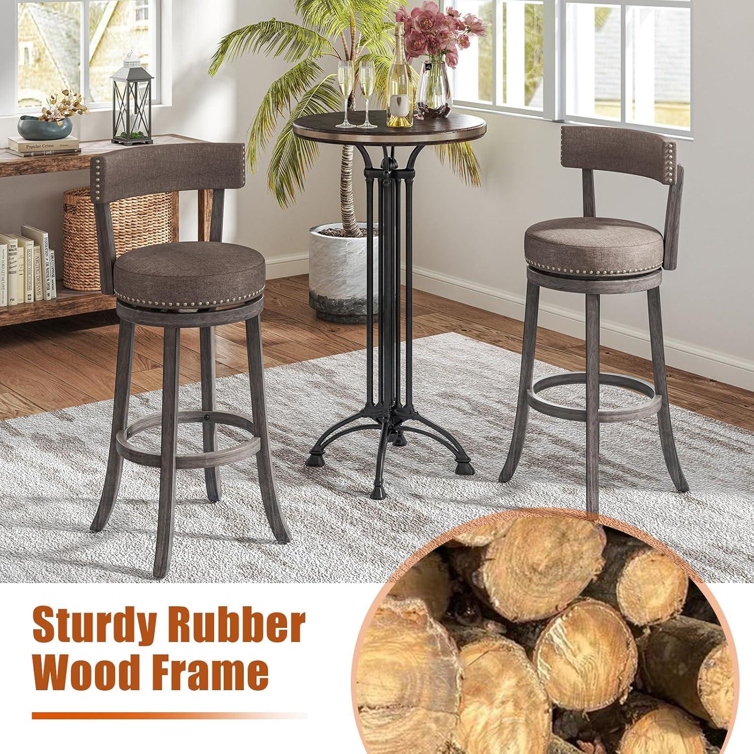 image:imageGiantex 26 Bar Stools Set of 2 Swivel Counter Height Bar Chairs with Footrest Rubber Wood Frame Upholstered Linen Barstools with Back amp Cushioned Seat for Kitchen Island Dining Room Pub1