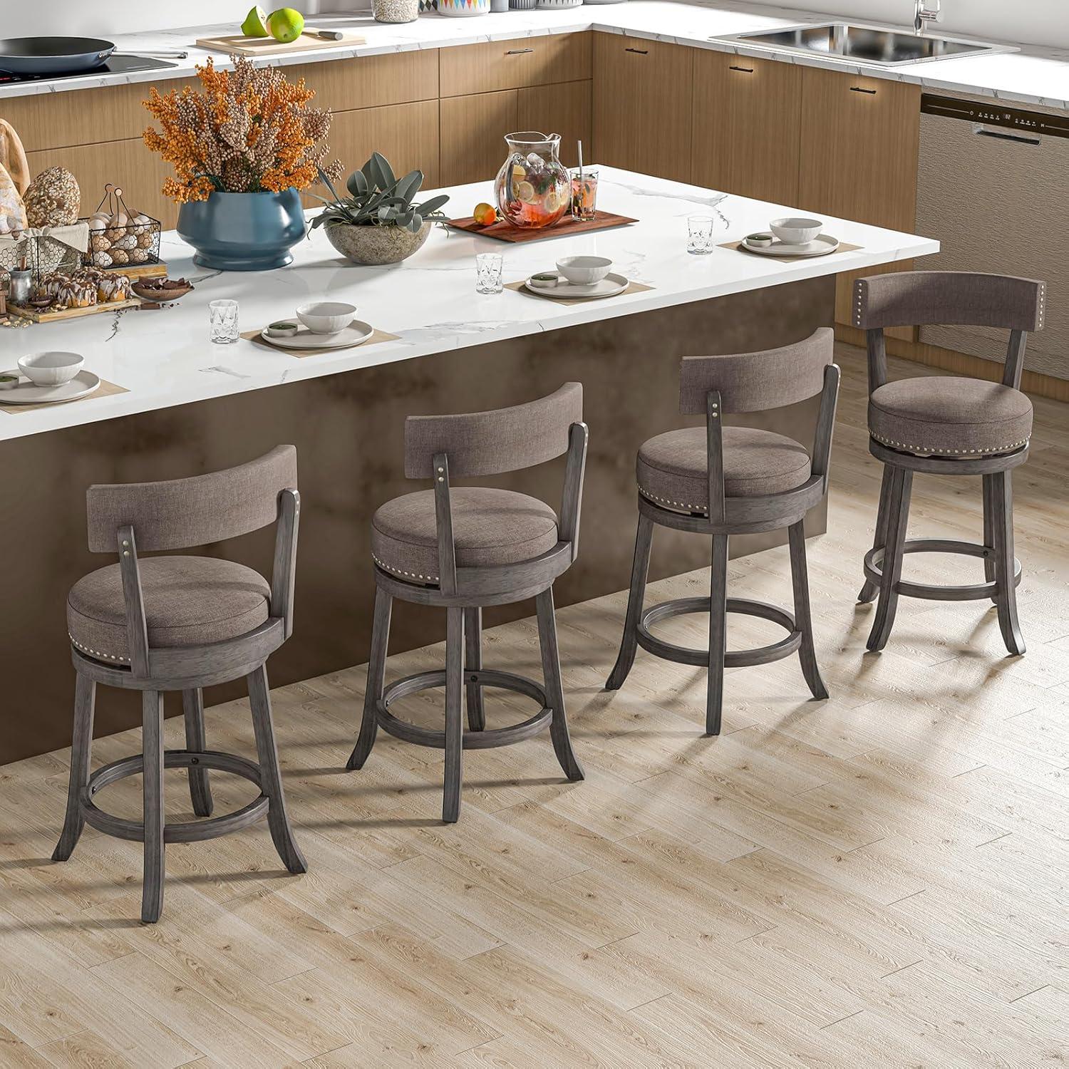 image:imageGiantex 26 Bar Stools Set of 2 Swivel Counter Height Bar Chairs with Footrest Rubber Wood Frame Upholstered Linen Barstools with Back amp Cushioned Seat for Kitchen Island Dining Room Pub1
