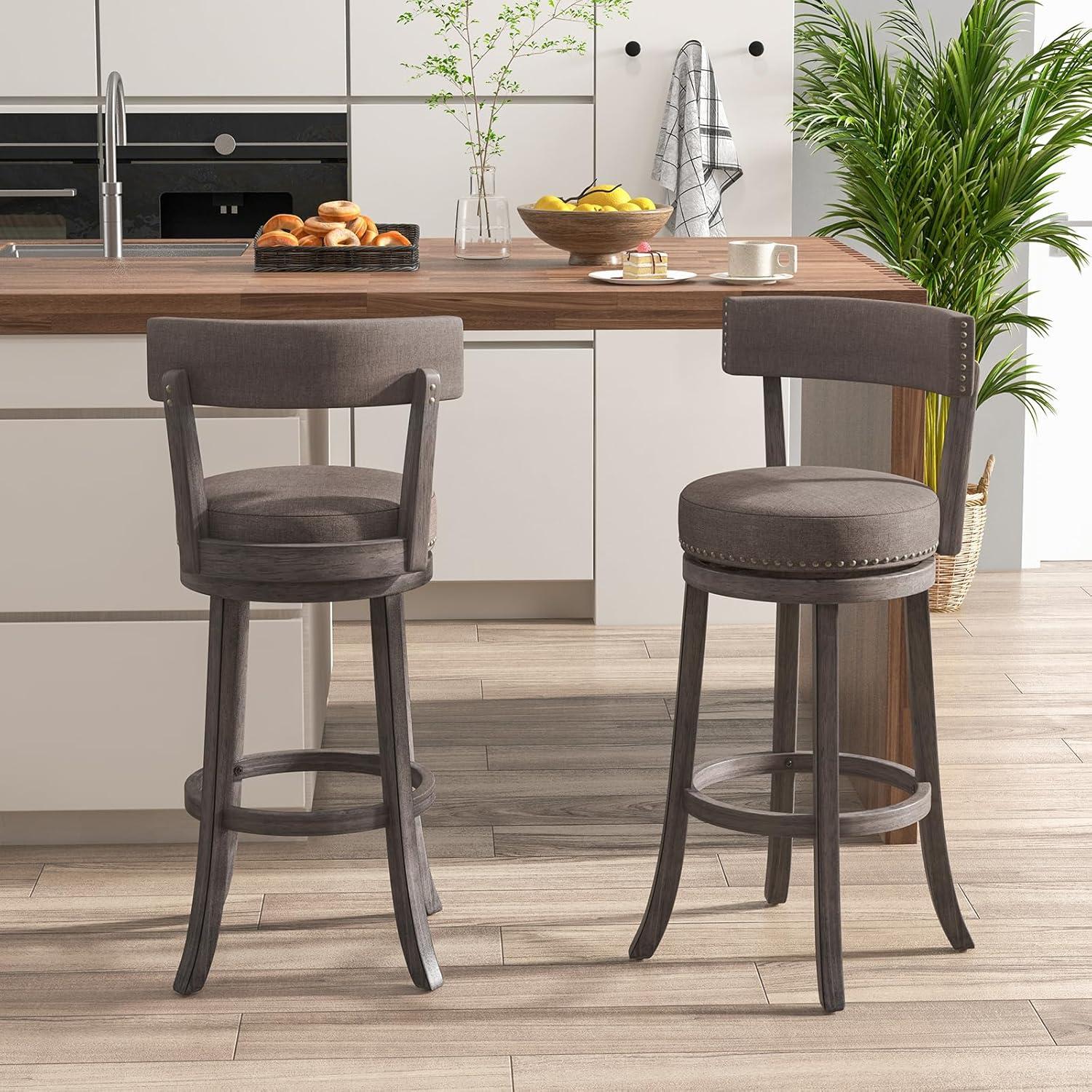 image:imageGiantex 26 Bar Stools Set of 2 Swivel Counter Height Bar Chairs with Footrest Rubber Wood Frame Upholstered Linen Barstools with Back amp Cushioned Seat for Kitchen Island Dining Room Pub1