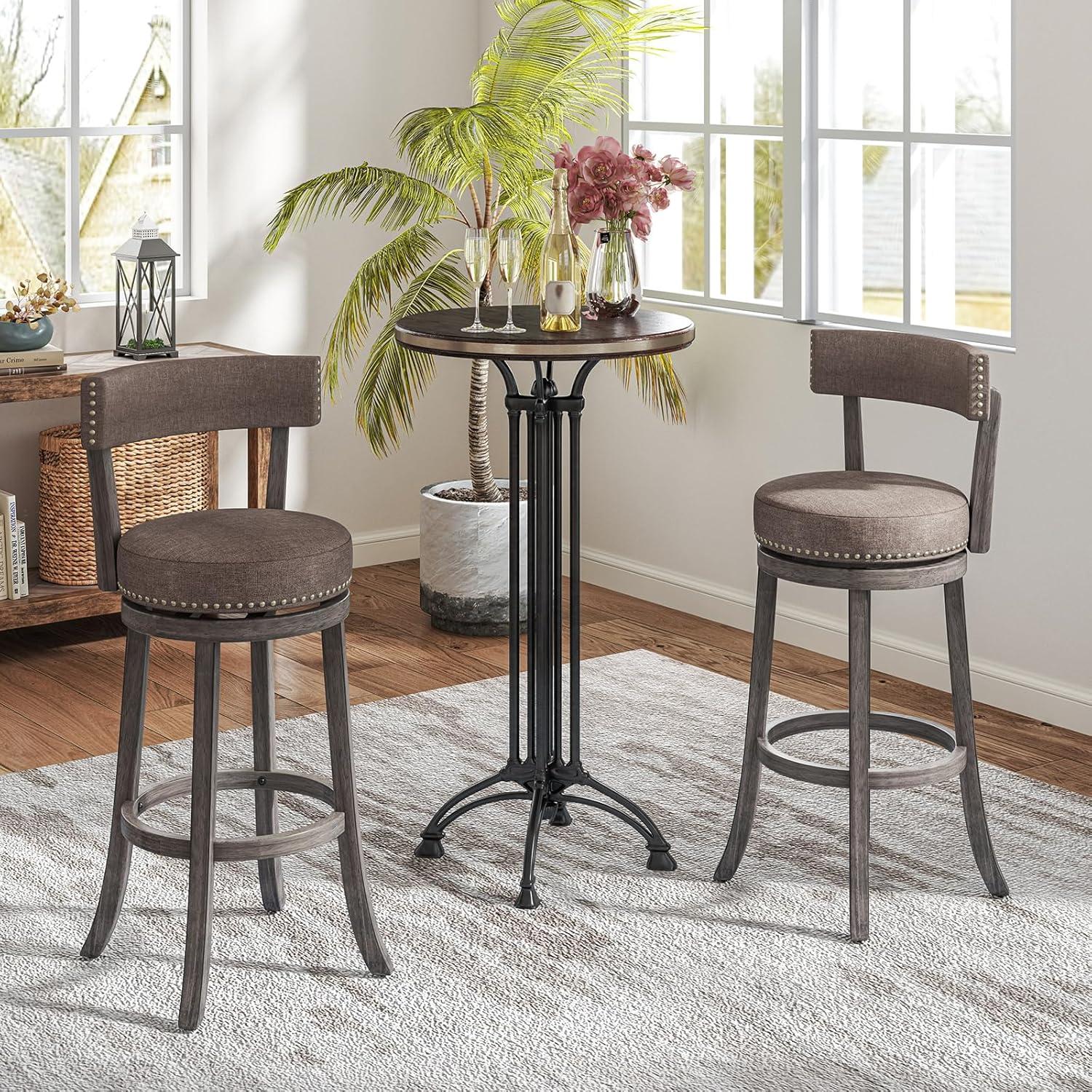 image:imageGiantex 26 Bar Stools Set of 2 Swivel Counter Height Bar Chairs with Footrest Rubber Wood Frame Upholstered Linen Barstools with Back amp Cushioned Seat for Kitchen Island Dining Room Pub2