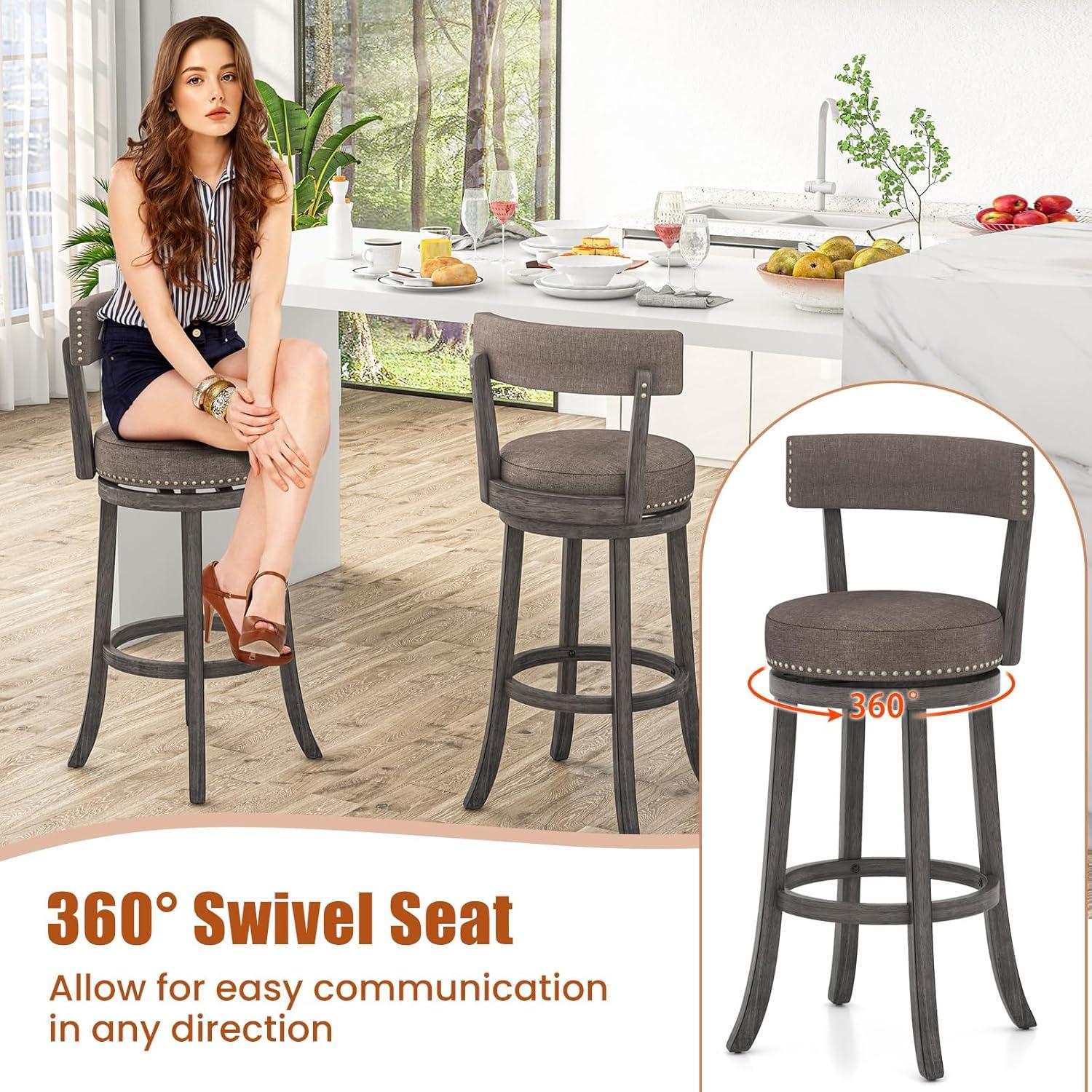 image:imageGiantex 26 Bar Stools Set of 2 Swivel Counter Height Bar Chairs with Footrest Rubber Wood Frame Upholstered Linen Barstools with Back amp Cushioned Seat for Kitchen Island Dining Room Pub2