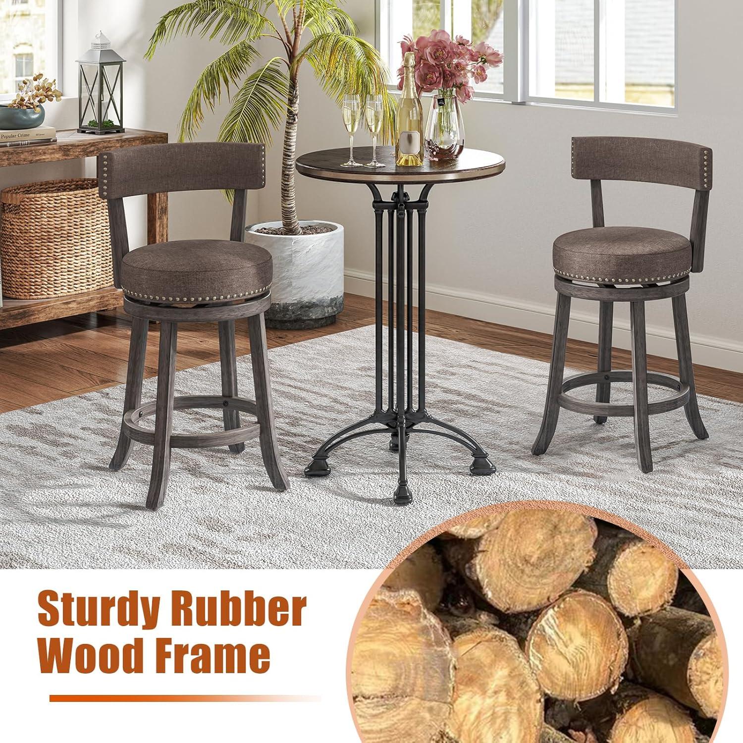 image:imageGiantex 26 Bar Stools Set of 2 Swivel Counter Height Bar Chairs with Footrest Rubber Wood Frame Upholstered Linen Barstools with Back amp Cushioned Seat for Kitchen Island Dining Room Pub2