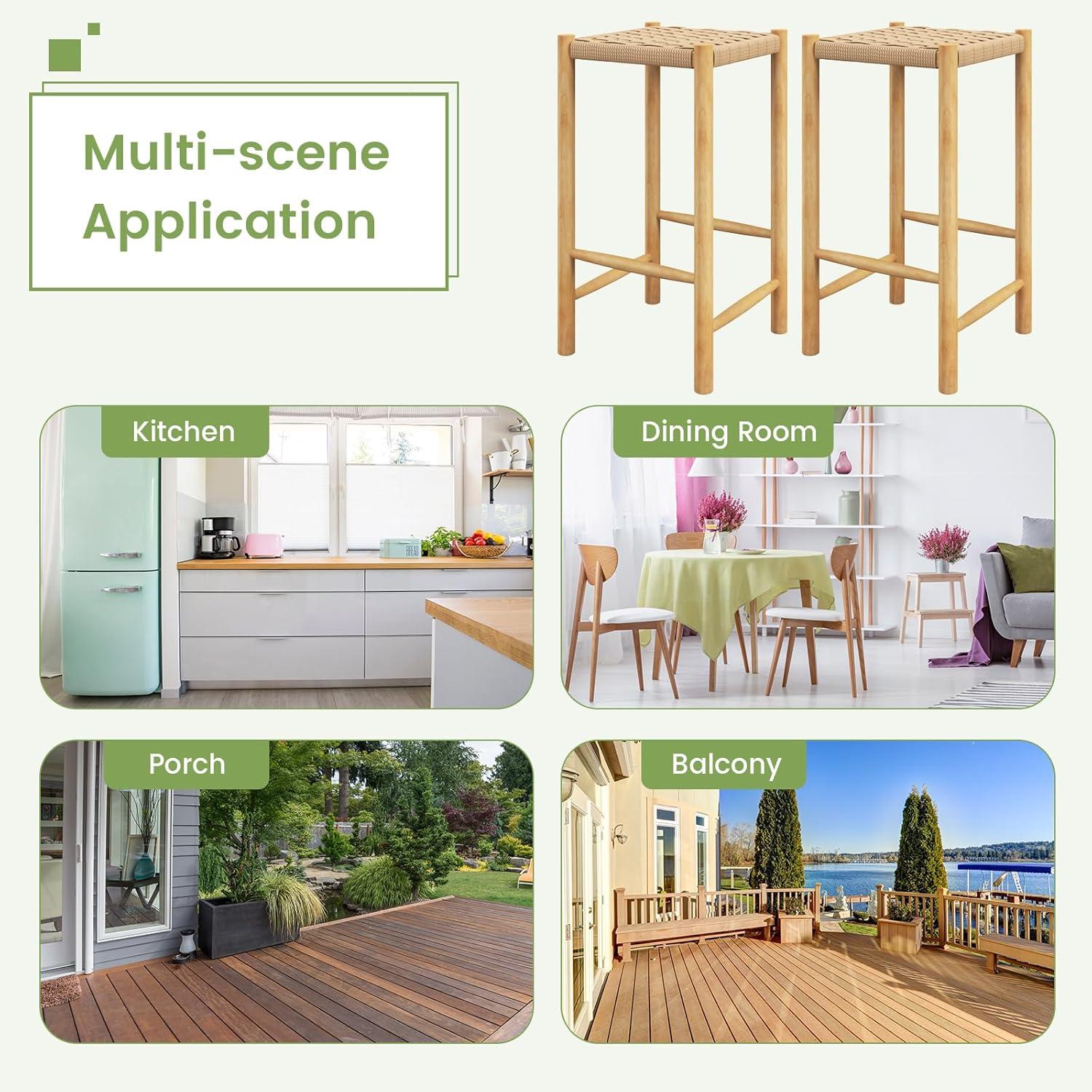 image:imageGiantex 26 Counter Height Wood Bar Stools Set of 2 Boho Rattan Barstools Max Load 330 Lbs Armless Saddle Kitchen Stools Backless Wicker Bar Stools for Kitchen Counter Indoor Outdoor2