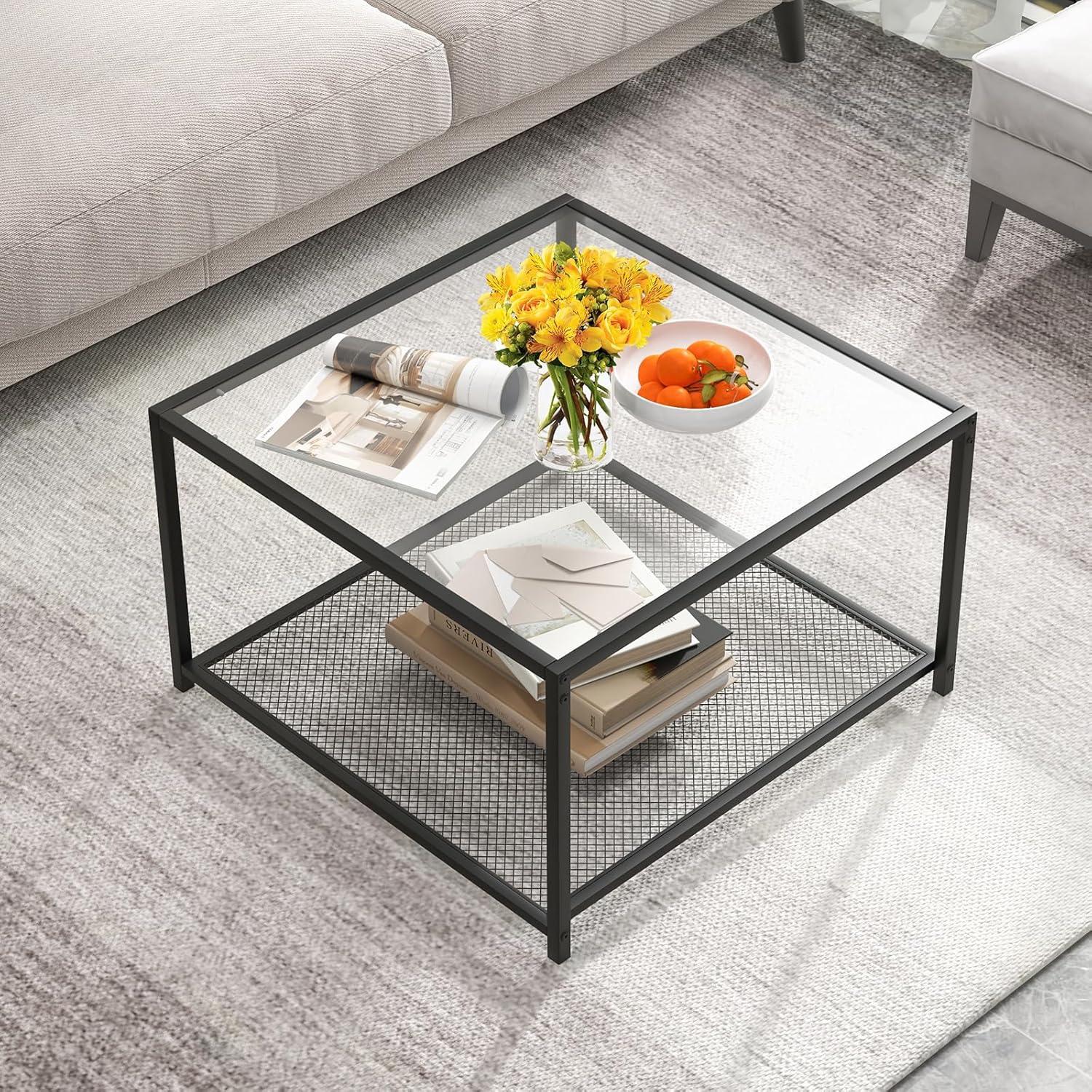 image:imageGiantex 275 Square Coffee Table Tempered Glass Center Table wMetal Frame Modern Accent Table for Small Space Living Room Home Office Easy Assembly 1Tier GrayTransparent
