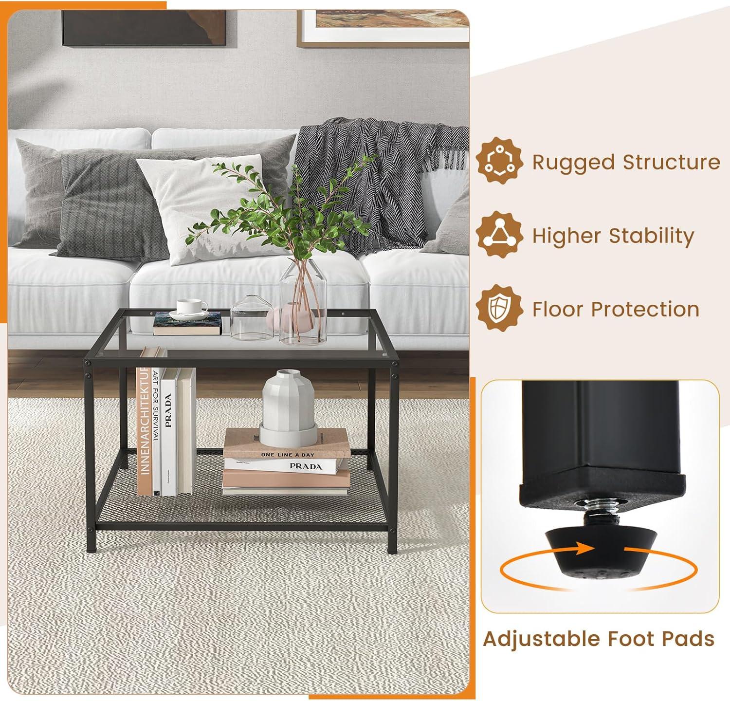 image:imageGiantex 275 Square Coffee Table Tempered Glass Center Table wMetal Frame Modern Accent Table for Small Space Living Room Home Office Easy Assembly 1Tier GrayTransparent