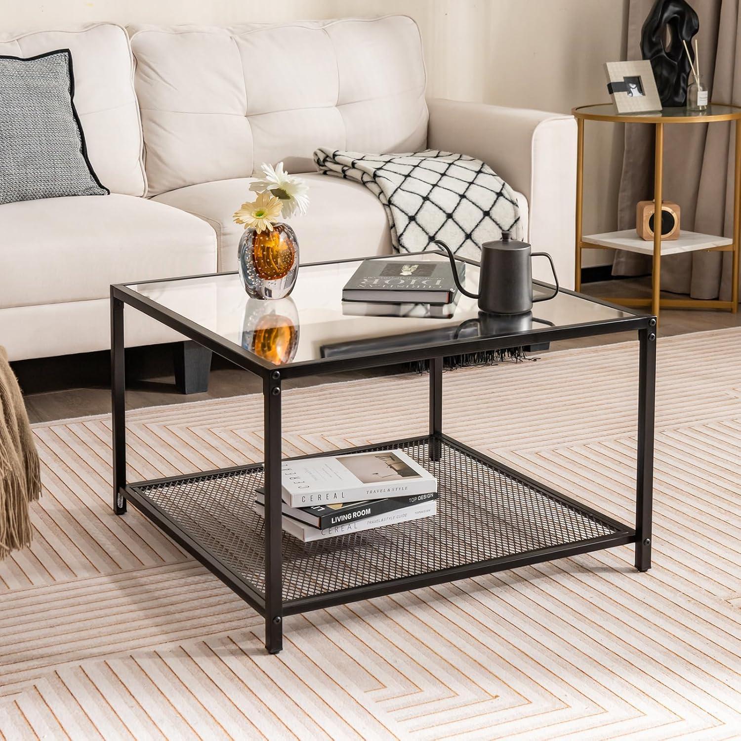 image:imageGiantex 275 Square Coffee Table Tempered Glass Center Table wMetal Frame Modern Accent Table for Small Space Living Room Home Office Easy Assembly 1Tier GrayTransparent