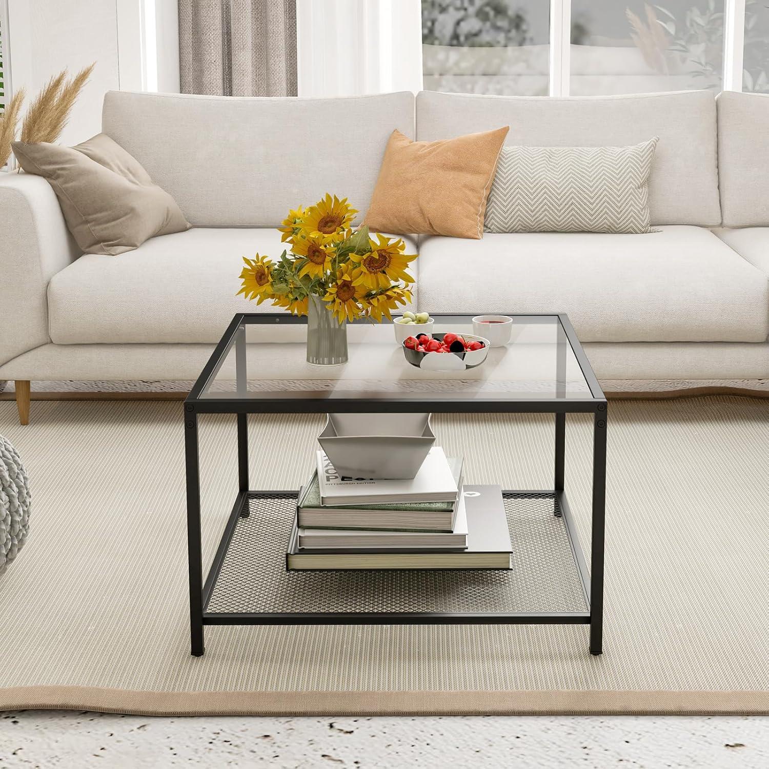 image:imageGiantex 275 Square Coffee Table Tempered Glass Center Table wMetal Frame Modern Accent Table for Small Space Living Room Home Office Easy Assembly 1Tier GrayTransparent