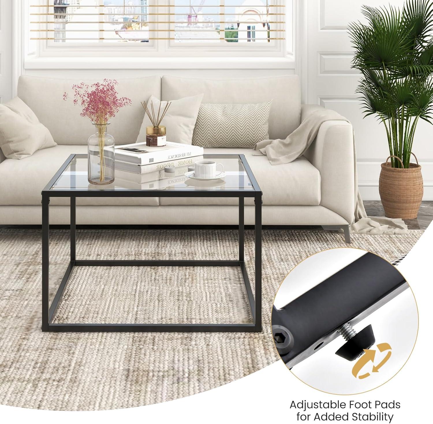 image:imageGiantex 275 Square Coffee Table Tempered Glass Center Table wMetal Frame Modern Accent Table for Small Space Living Room Home Office Easy Assembly 1Tier GrayTransparent