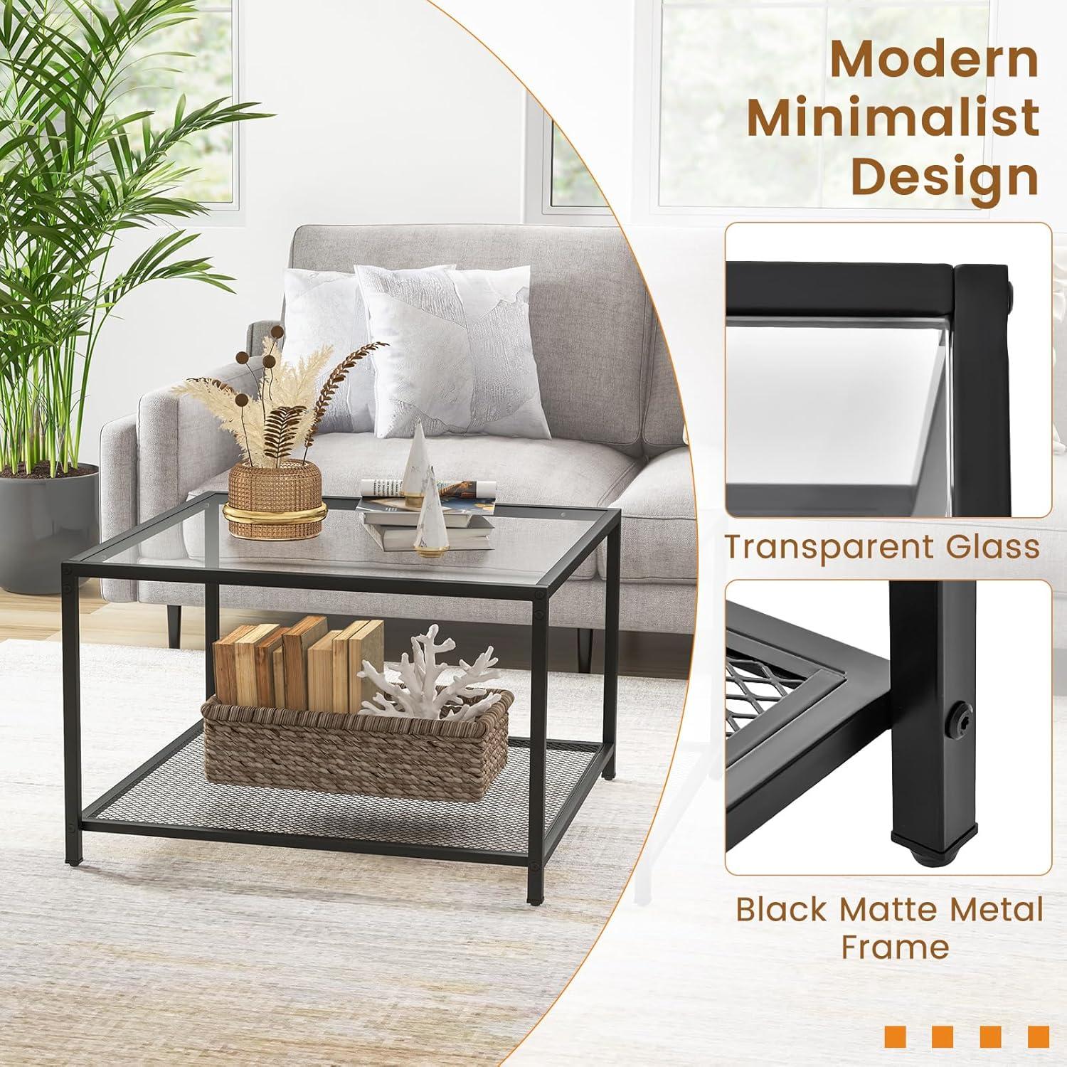 image:imageGiantex 275 Square Coffee Table Tempered Glass Center Table wMetal Frame Modern Accent Table for Small Space Living Room Home Office Easy Assembly 1Tier GrayTransparent