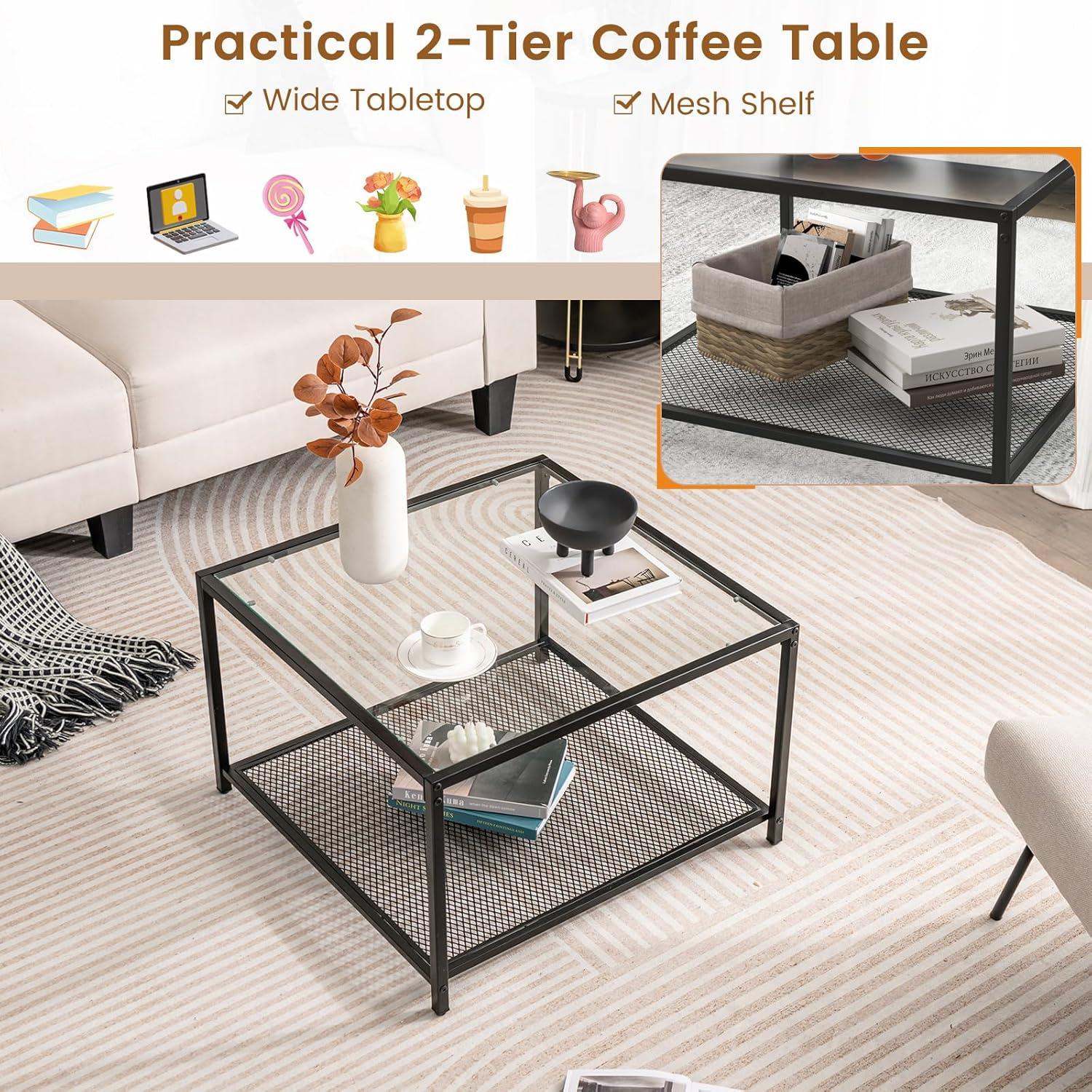 image:imageGiantex 275 Square Coffee Table Tempered Glass Center Table wMetal Frame Modern Accent Table for Small Space Living Room Home Office Easy Assembly 1Tier GrayTransparent