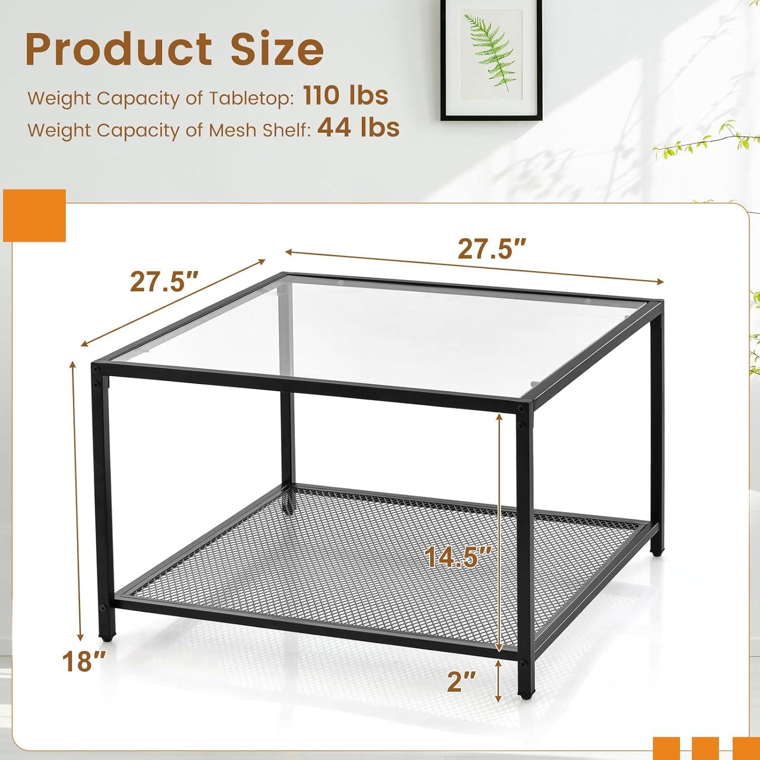 image:imageGiantex 275 Square Coffee Table Tempered Glass Center Table wMetal Frame Modern Accent Table for Small Space Living Room Home Office Easy Assembly 1Tier GrayTransparent