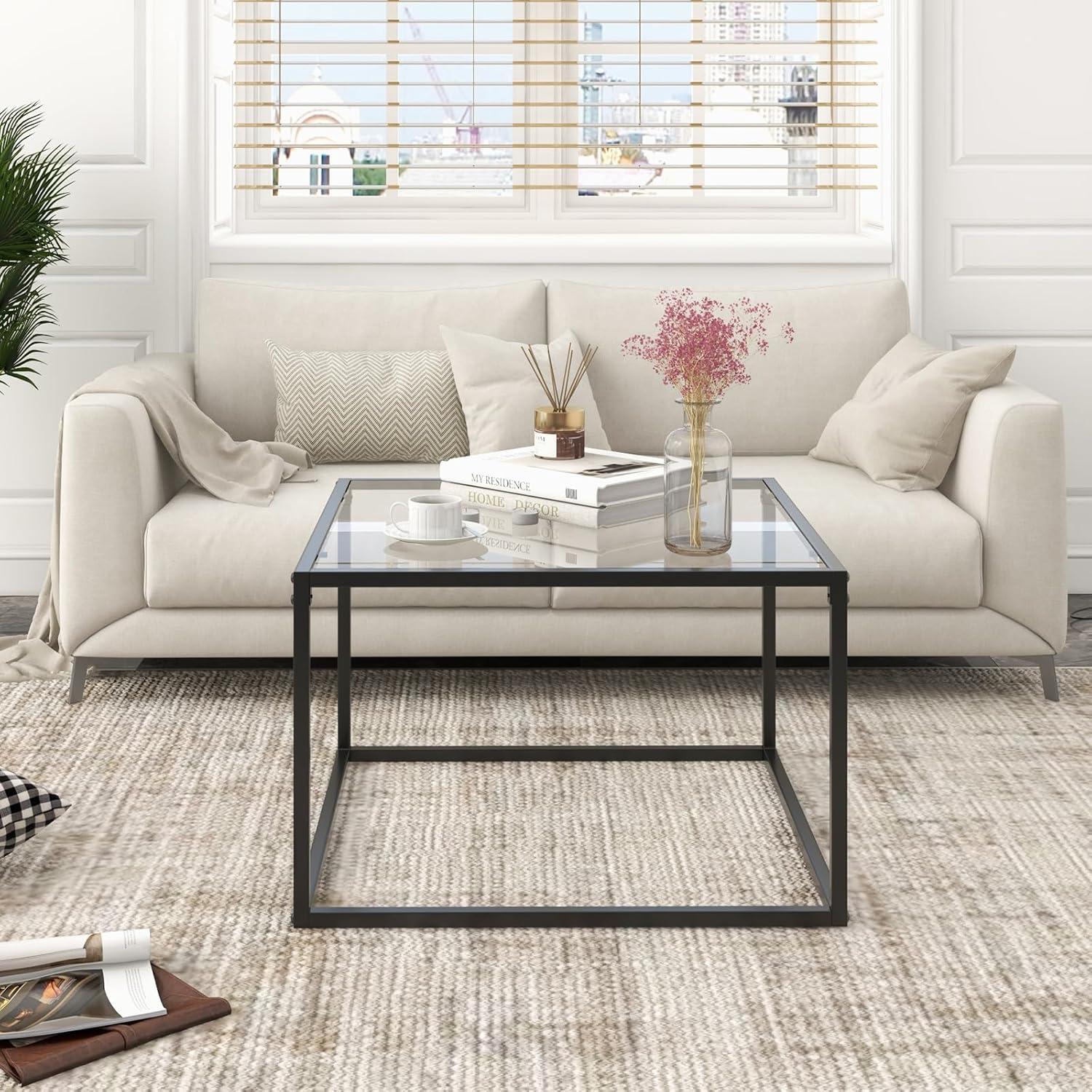 image:imageGiantex 275 Square Coffee Table Tempered Glass Center Table wMetal Frame Modern Accent Table for Small Space Living Room Home Office Easy Assembly 1Tier GrayTransparent