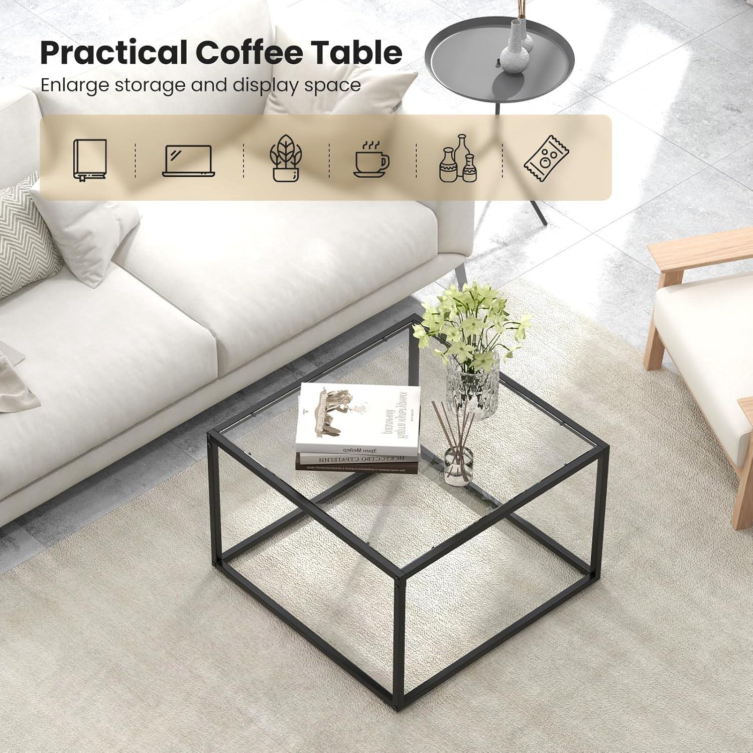 image:imageGiantex 275 Square Coffee Table Tempered Glass Center Table wMetal Frame Modern Accent Table for Small Space Living Room Home Office Easy Assembly 1Tier GrayTransparent
