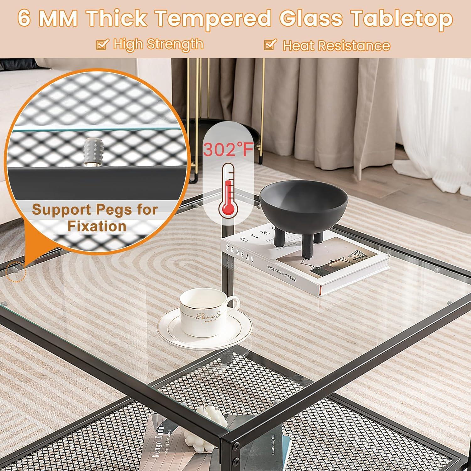 image:imageGiantex 275 Square Coffee Table Tempered Glass Center Table wMetal Frame Modern Accent Table for Small Space Living Room Home Office Easy Assembly 1Tier GrayTransparent