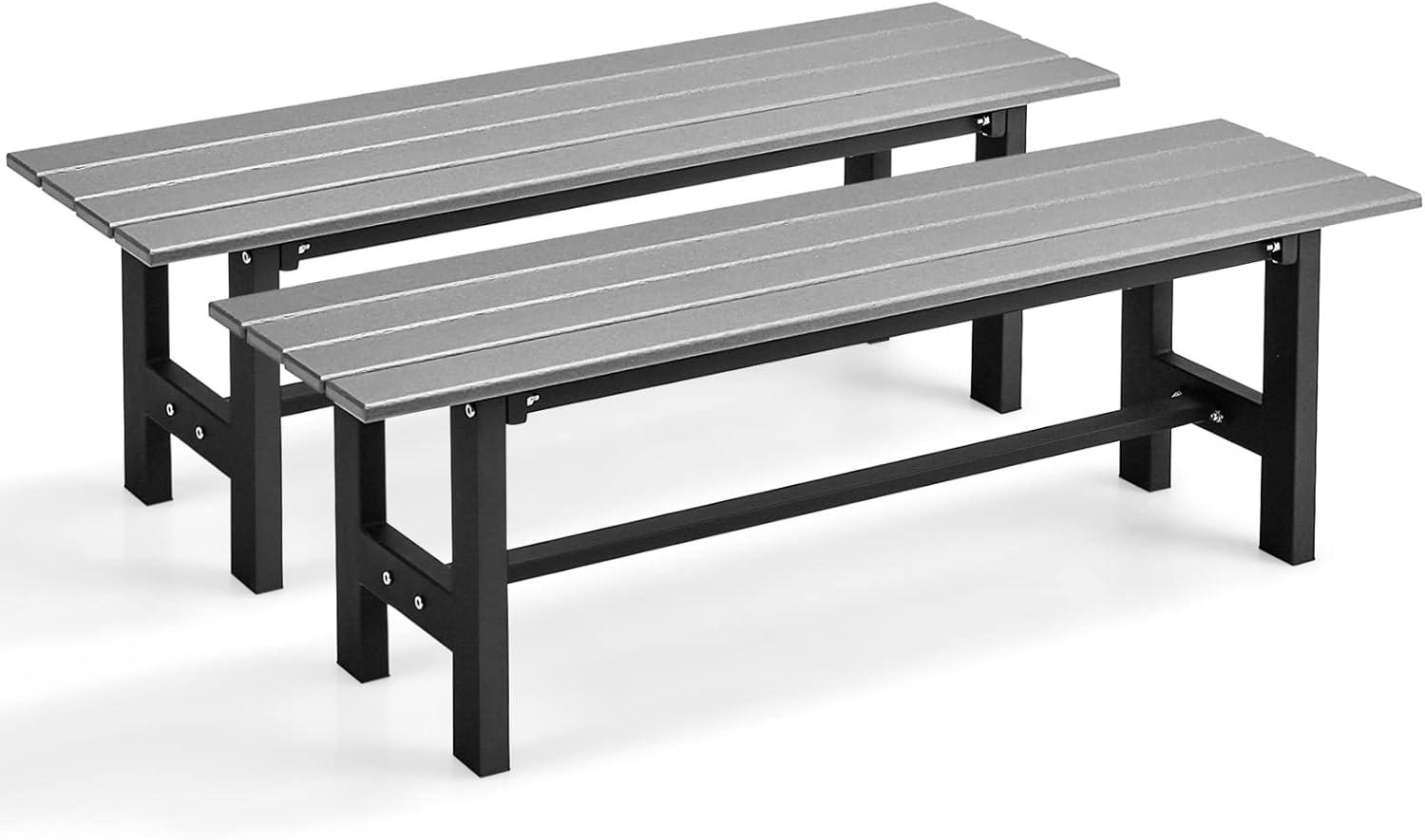 image:imageGiantex 2Pack Outdoor Bench Seat Backless Patio Garden Bench 47 Weatherproof Outside Chair with Slatted Seat Metal Frame 660 LBS Capacity Dining Bench Chair for Yard Park Balcony BlackGrey