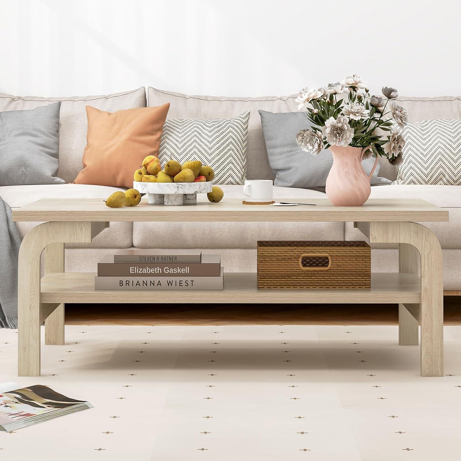 image:imageGiantex 2Tier Coffee Table with Storage 47 Mid Century Rectangle Accent Table with Open Shelf Large Tabletop amp Curved Legs Rustic Style Wood Cocktail Center Table for Living Room NaturalNatural