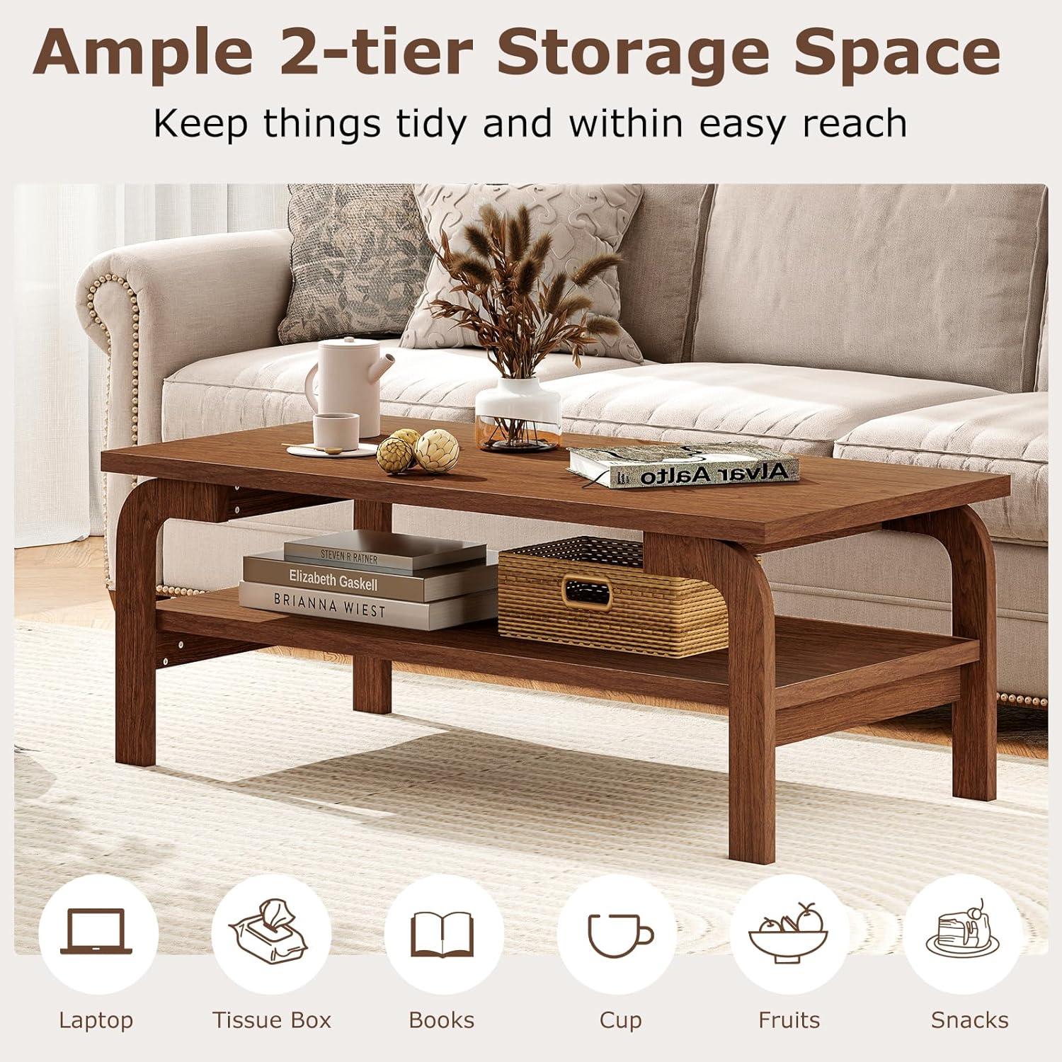 image:imageGiantex 2Tier Coffee Table with Storage 47 Mid Century Rectangle Accent Table with Open Shelf Large Tabletop amp Curved Legs Rustic Style Wood Cocktail Center Table for Living Room NaturalWalnut