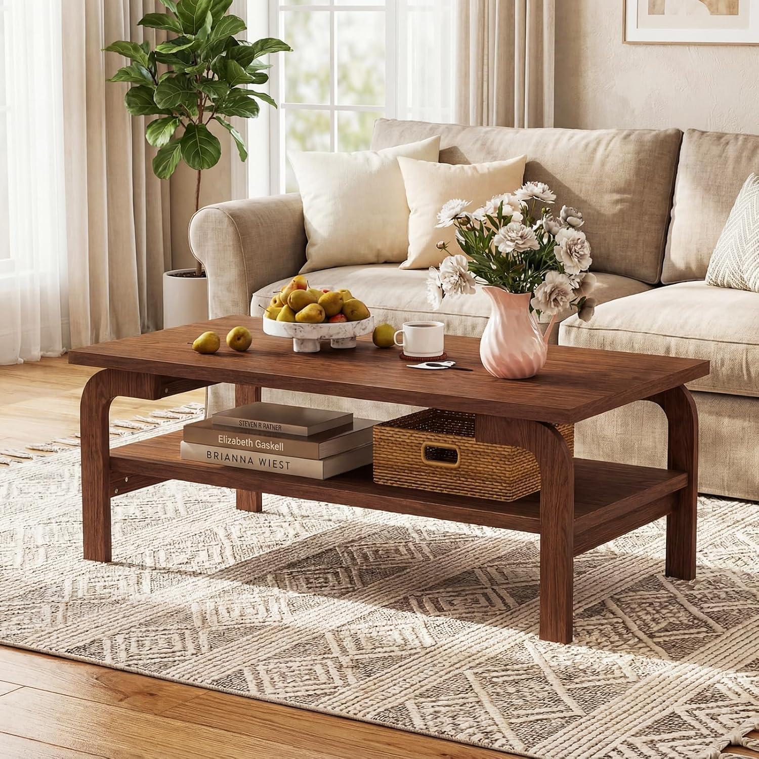 image:imageGiantex 2Tier Coffee Table with Storage 47 Mid Century Rectangle Accent Table with Open Shelf Large Tabletop amp Curved Legs Rustic Style Wood Cocktail Center Table for Living Room NaturalWalnut