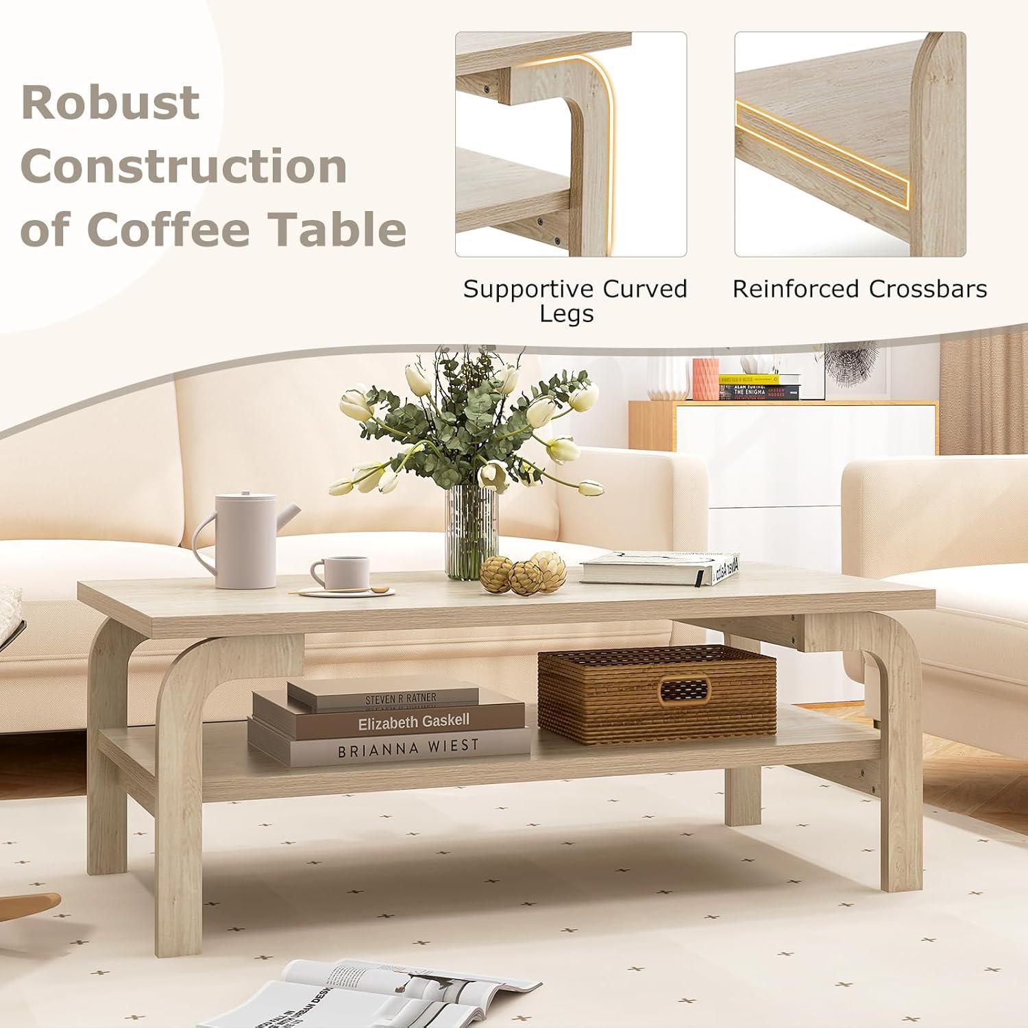 image:imageGiantex 2Tier Coffee Table with Storage 47 Mid Century Rectangle Accent Table with Open Shelf Large Tabletop amp Curved Legs Rustic Style Wood Cocktail Center Table for Living Room NaturalNatural