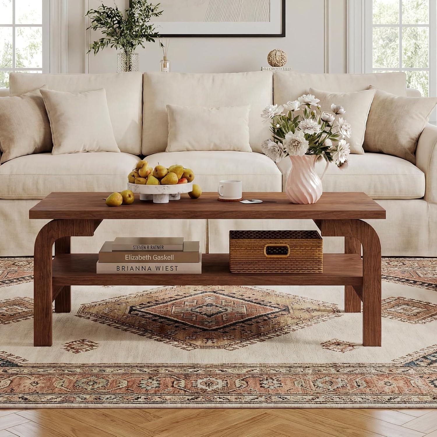 image:imageGiantex 2Tier Coffee Table with Storage 47 Mid Century Rectangle Accent Table with Open Shelf Large Tabletop amp Curved Legs Rustic Style Wood Cocktail Center Table for Living Room NaturalWalnut