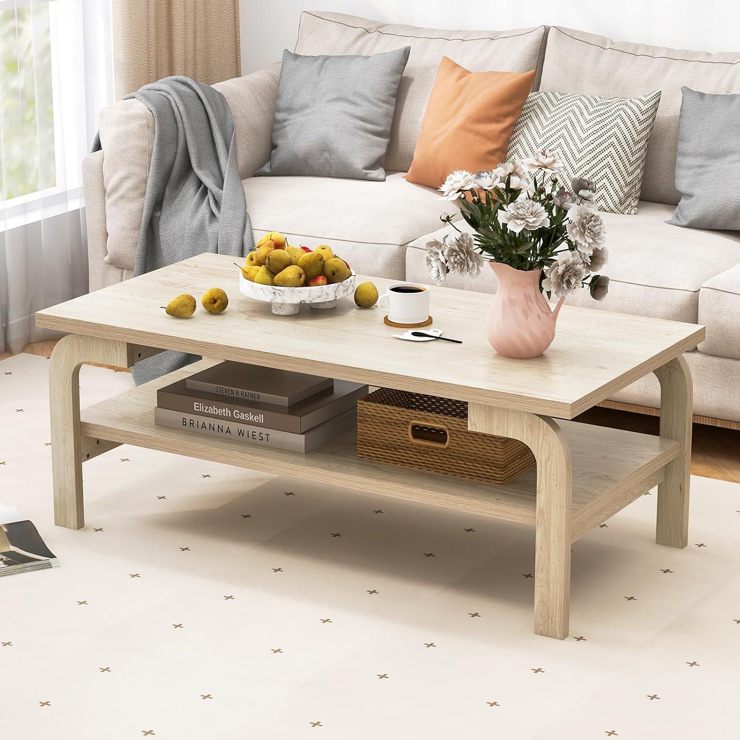 image:imageGiantex 2Tier Coffee Table with Storage 47 Mid Century Rectangle Accent Table with Open Shelf Large Tabletop amp Curved Legs Rustic Style Wood Cocktail Center Table for Living Room NaturalNatural