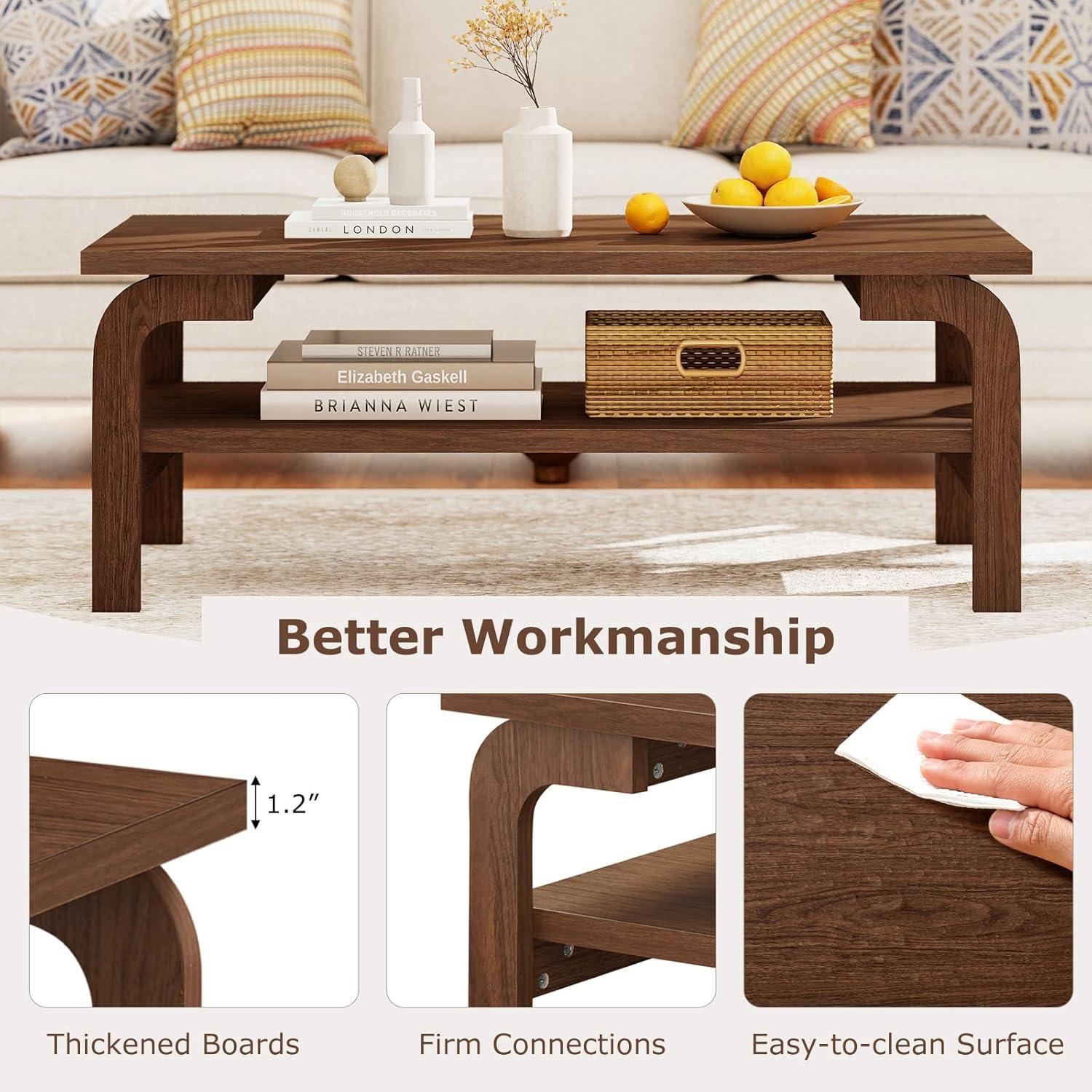 image:imageGiantex 2Tier Coffee Table with Storage 47 Mid Century Rectangle Accent Table with Open Shelf Large Tabletop amp Curved Legs Rustic Style Wood Cocktail Center Table for Living Room NaturalWalnut