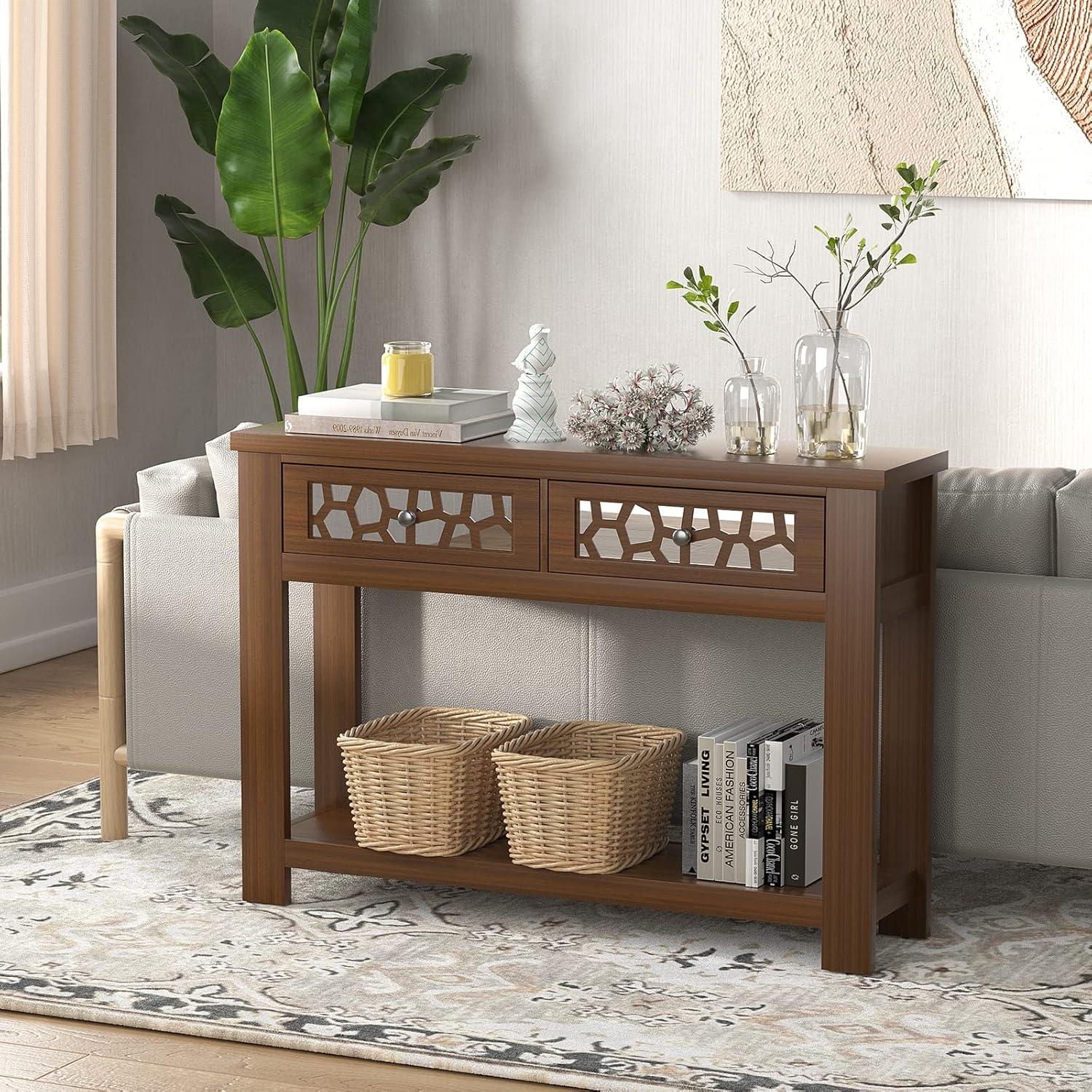 image:imageGiantex 2Tier Console Table with Drawers Wood Entryway Table with 2 Drawers amp Open Storage Shelf for Living Room Entryway Easy Assembly Rectangular Accent Table NaturalRustic Brown