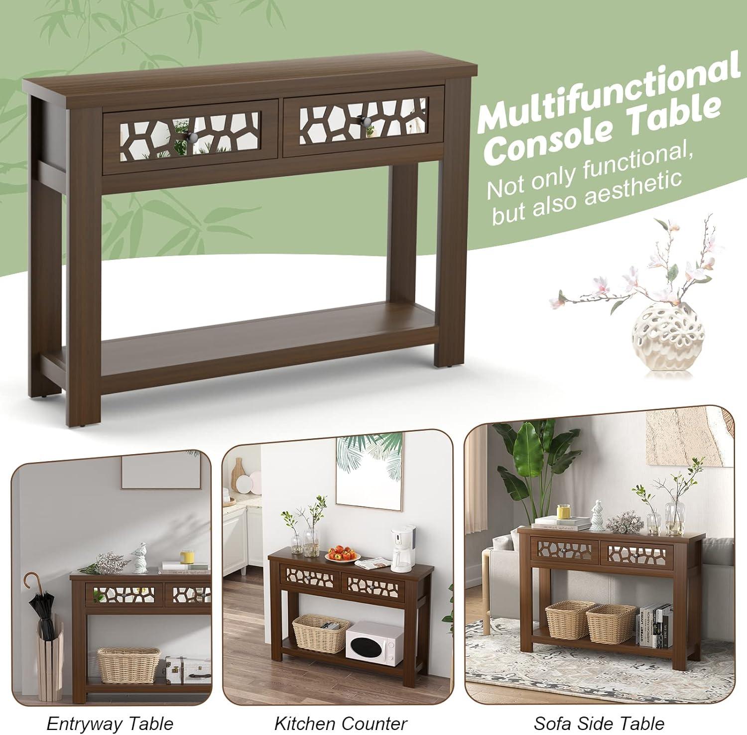 image:imageGiantex 2Tier Console Table with Drawers Wood Entryway Table with 2 Drawers amp Open Storage Shelf for Living Room Entryway Easy Assembly Rectangular Accent Table NaturalRustic Brown