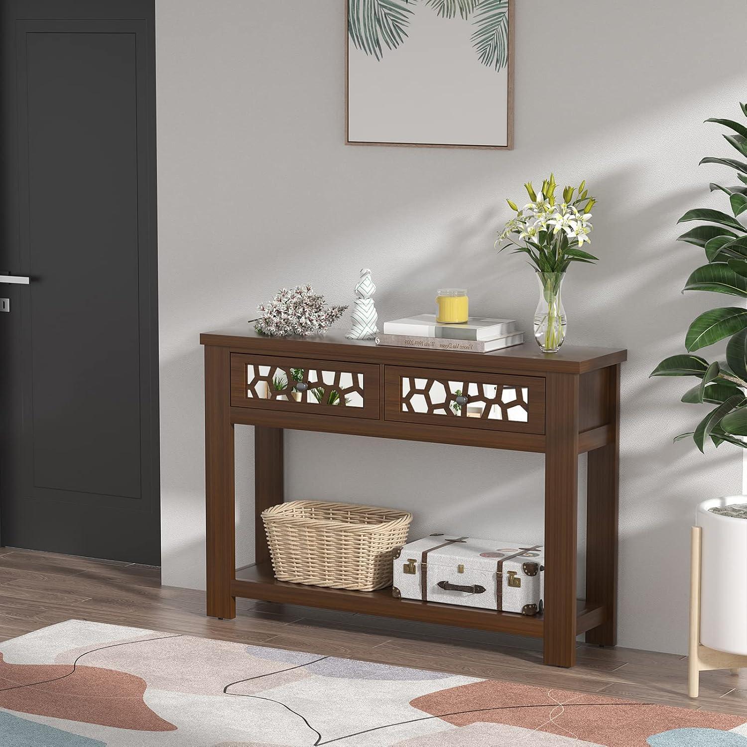 image:imageGiantex 2Tier Console Table with Drawers Wood Entryway Table with 2 Drawers amp Open Storage Shelf for Living Room Entryway Easy Assembly Rectangular Accent Table NaturalRustic Brown