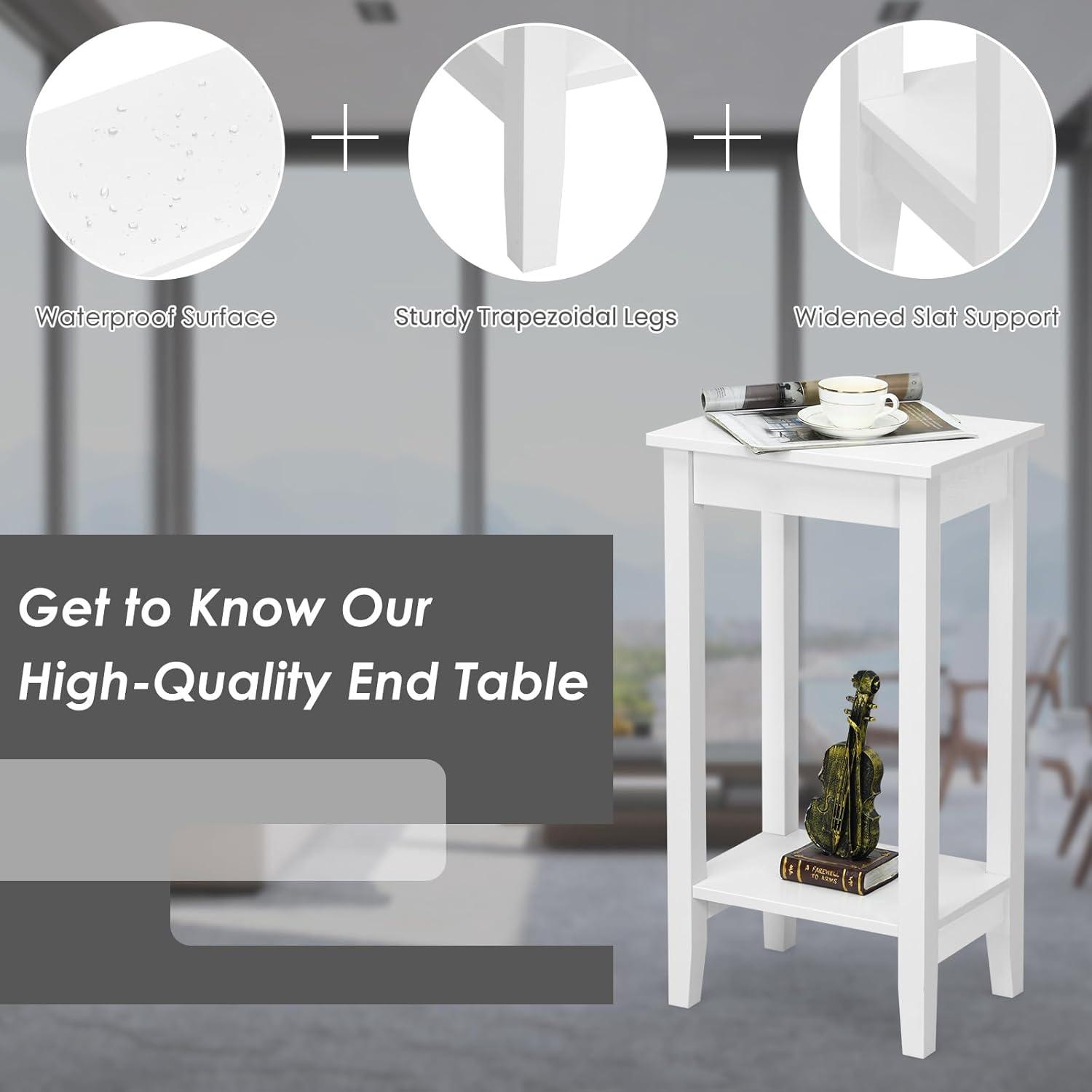 image:imageGiantex 2Tier End Table Tall Nightstand Simple Design Sofa Bedside Table with Versatile Shelf and Wooden Legs for Small Spaces Living Room Study Bedroom Narrow Telephone Table WhiteWhite