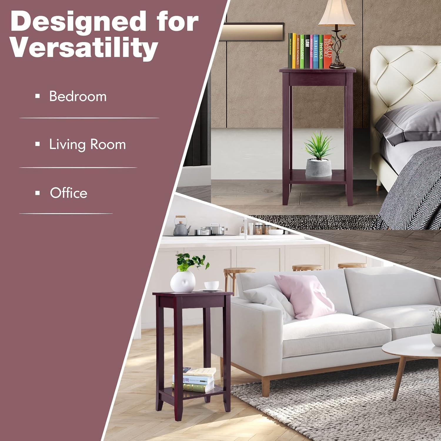 image:imageGiantex 2Tier End Table Tall Nightstand Simple Design Sofa Bedside Table with Versatile Shelf and Wooden Legs for Small Spaces Living Room Study Bedroom Narrow Telephone Table WhiteEspresso