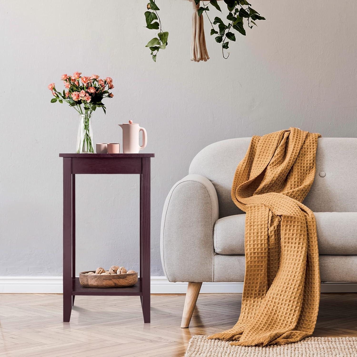 image:imageGiantex 2Tier End Table Tall Nightstand Simple Design Sofa Bedside Table with Versatile Shelf and Wooden Legs for Small Spaces Living Room Study Bedroom Narrow Telephone Table WhiteEspresso