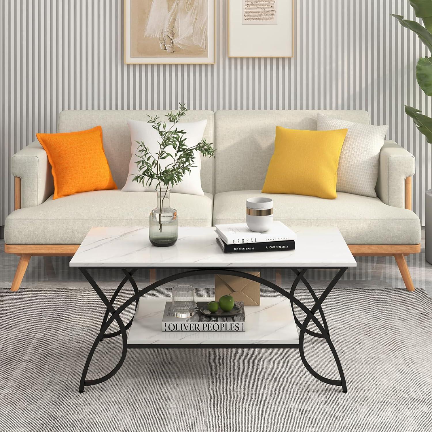 image:imageGiantex 2Tier Rectangular Coffee Table Faux Marble Table with Open Storage Shelf Black Finished Metal Frame Modern Center Table for Living Room Reception Room WhiteBlackWhiteblack