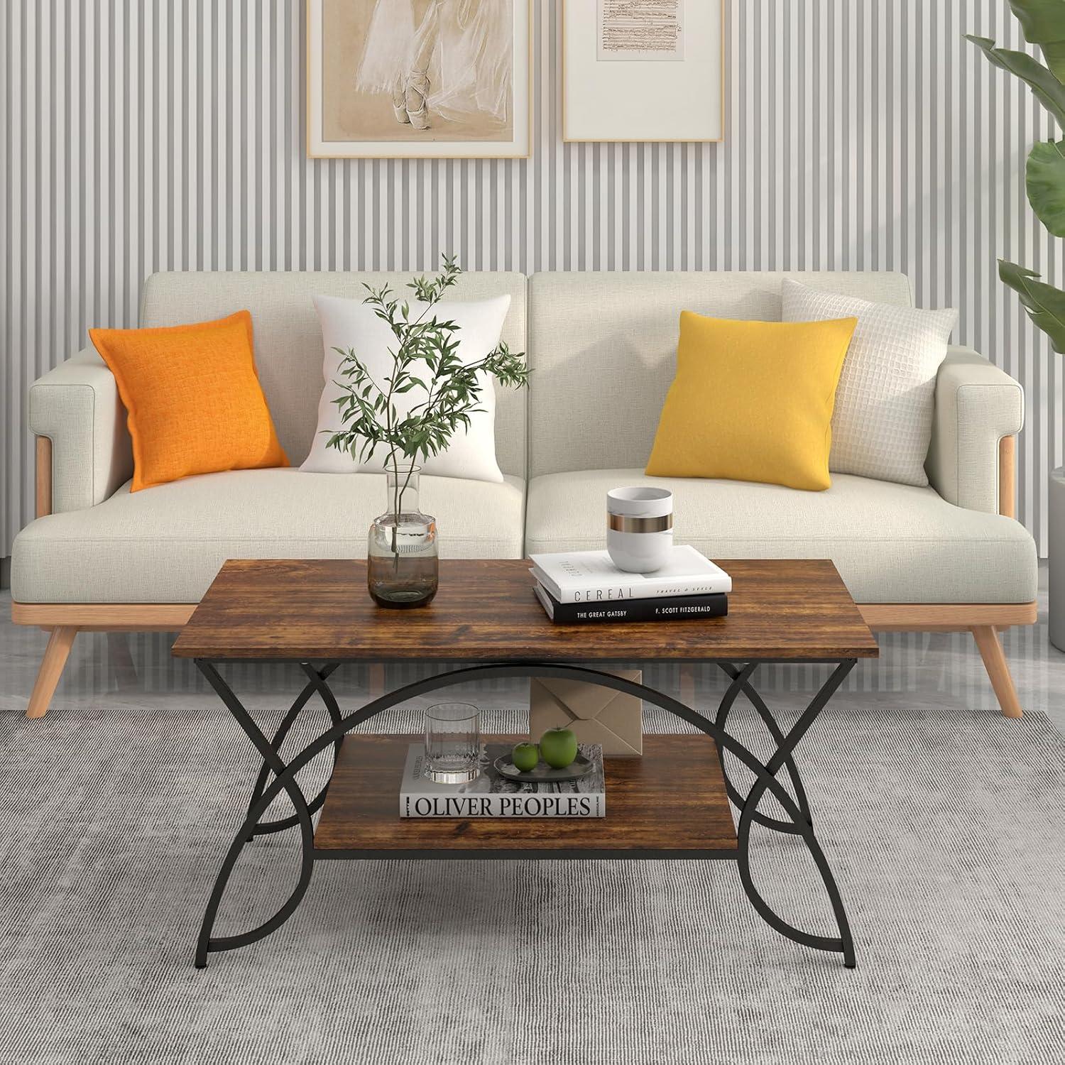 image:imageGiantex 2Tier Rectangular Coffee Table Faux Marble Table with Open Storage Shelf Black Finished Metal Frame Modern Center Table for Living Room Reception Room WhiteBlackCoffee