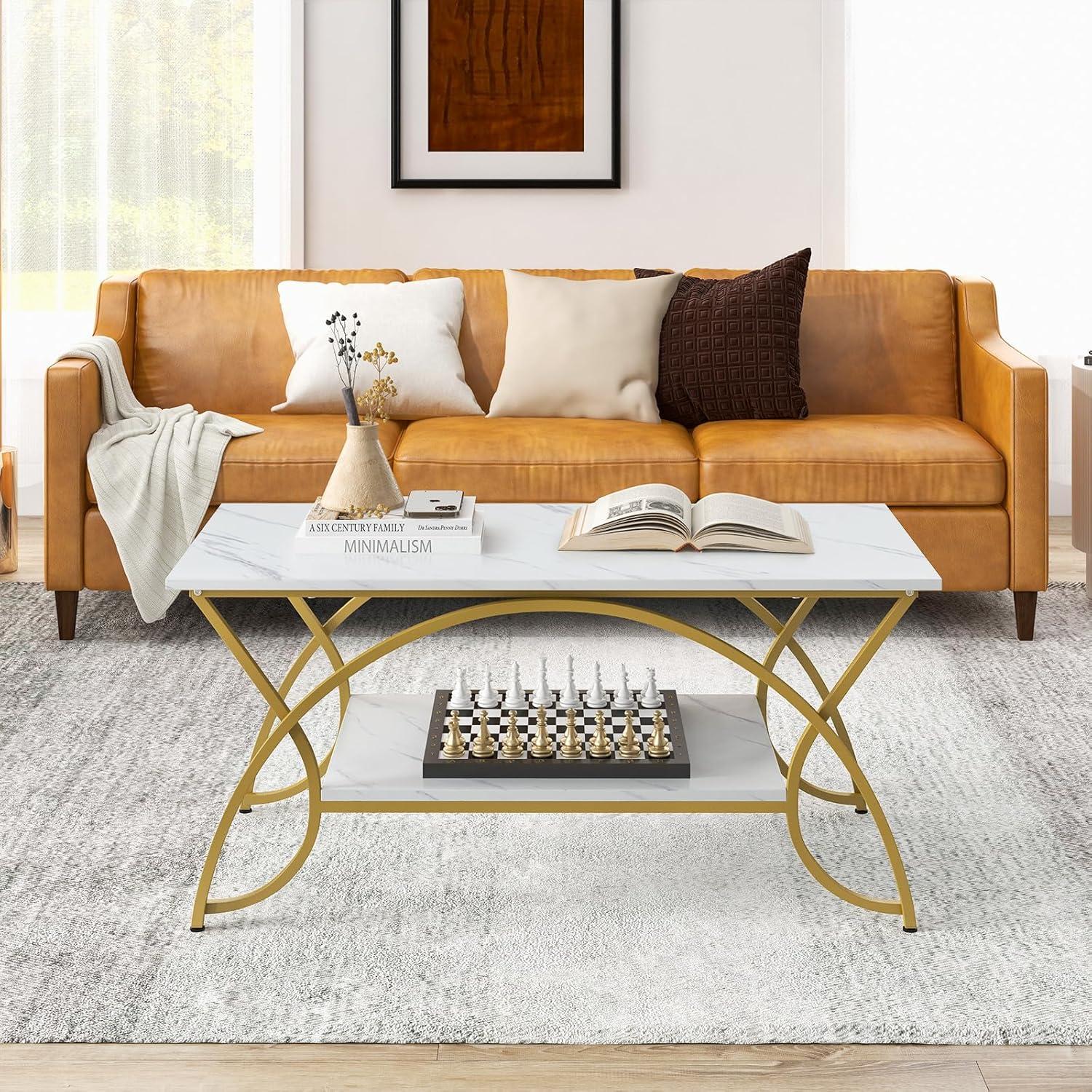 image:imageGiantex 2Tier Rectangular Coffee Table Faux Marble Table with Open Storage Shelf Black Finished Metal Frame Modern Center Table for Living Room Reception Room WhiteBlackWhitegold