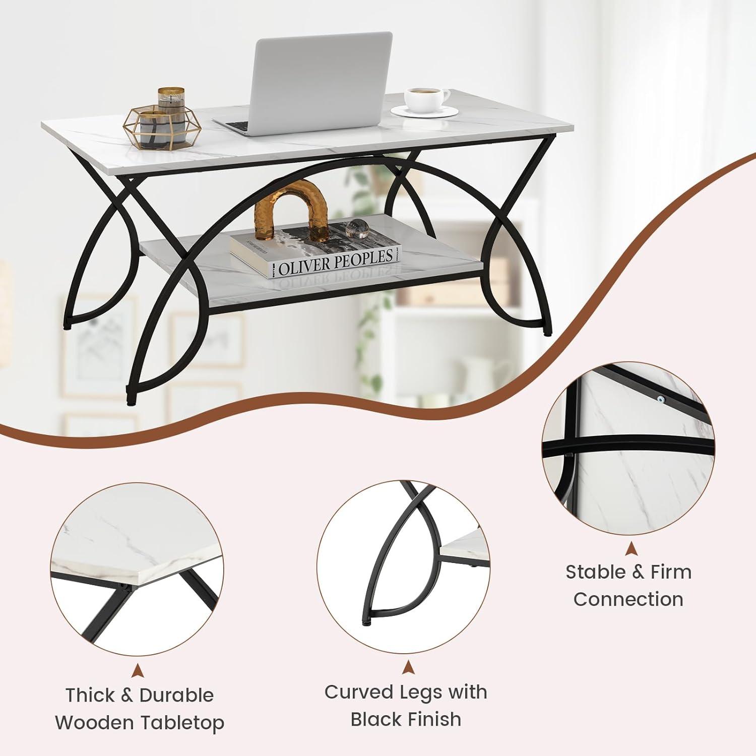 image:imageGiantex 2Tier Rectangular Coffee Table Faux Marble Table with Open Storage Shelf Black Finished Metal Frame Modern Center Table for Living Room Reception Room WhiteBlackWhiteblack