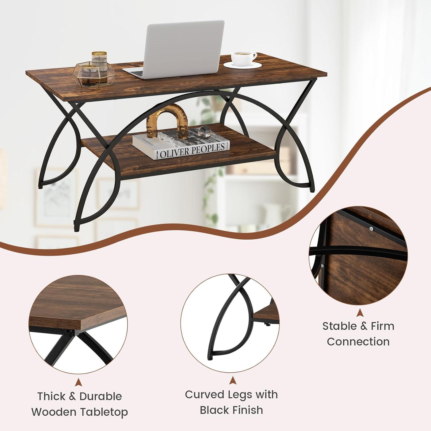 image:imageGiantex 2Tier Rectangular Coffee Table Faux Marble Table with Open Storage Shelf Black Finished Metal Frame Modern Center Table for Living Room Reception Room WhiteBlackCoffee