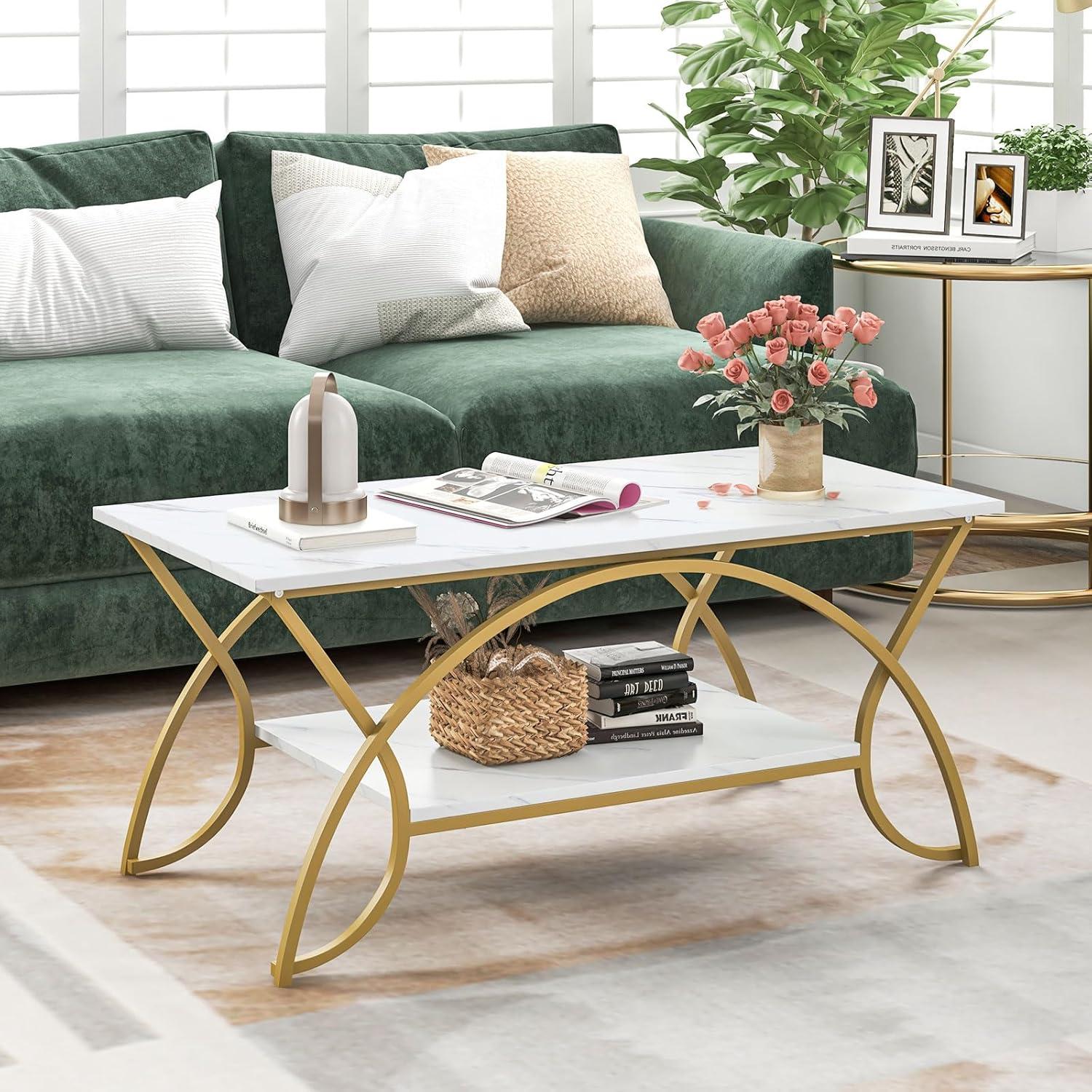 image:imageGiantex 2Tier Rectangular Coffee Table Faux Marble Table with Open Storage Shelf Black Finished Metal Frame Modern Center Table for Living Room Reception Room WhiteBlackWhitegold