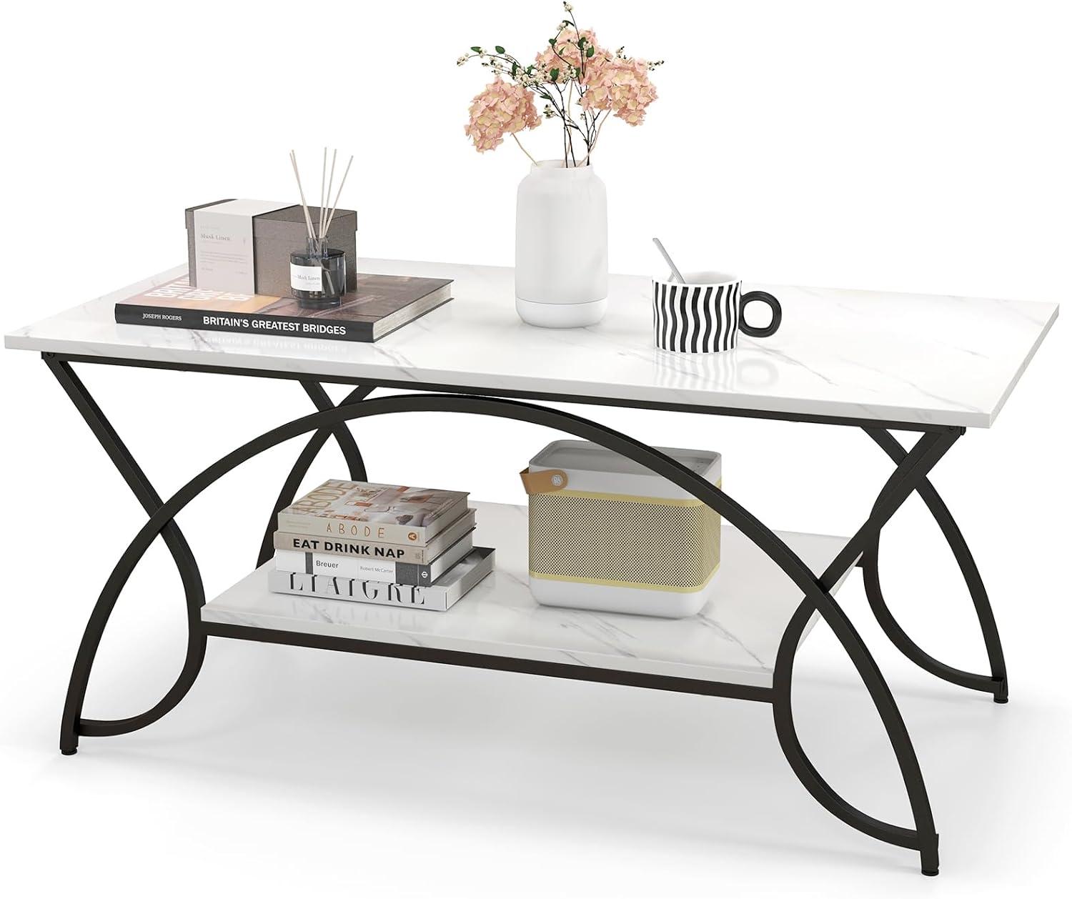 image:imageGiantex 2Tier Rectangular Coffee Table Faux Marble Table with Open Storage Shelf Black Finished Metal Frame Modern Center Table for Living Room Reception Room WhiteBlackWhiteblack