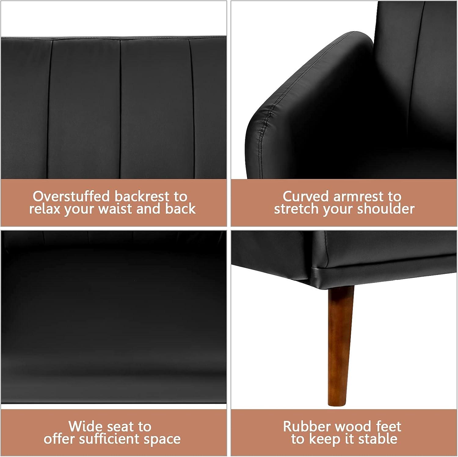 image:imageGiantex 3 Seat Sofa Bed Convertible Futon Sofa HighDensity Sponge Adjustable Backrest Rubber Wood Legs Foldable Couch Sleeper with Armrest for Living Room Bedroom Lounge Office BlackBlack