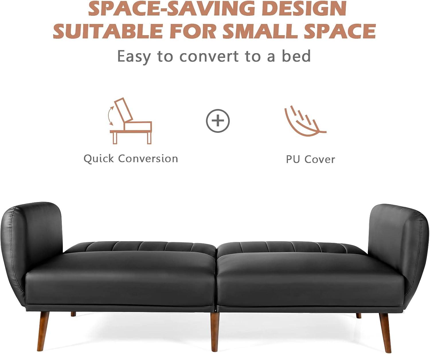 image:imageGiantex 3 Seat Sofa Bed Convertible Futon Sofa HighDensity Sponge Adjustable Backrest Rubber Wood Legs Foldable Couch Sleeper with Armrest for Living Room Bedroom Lounge Office BlackBlack