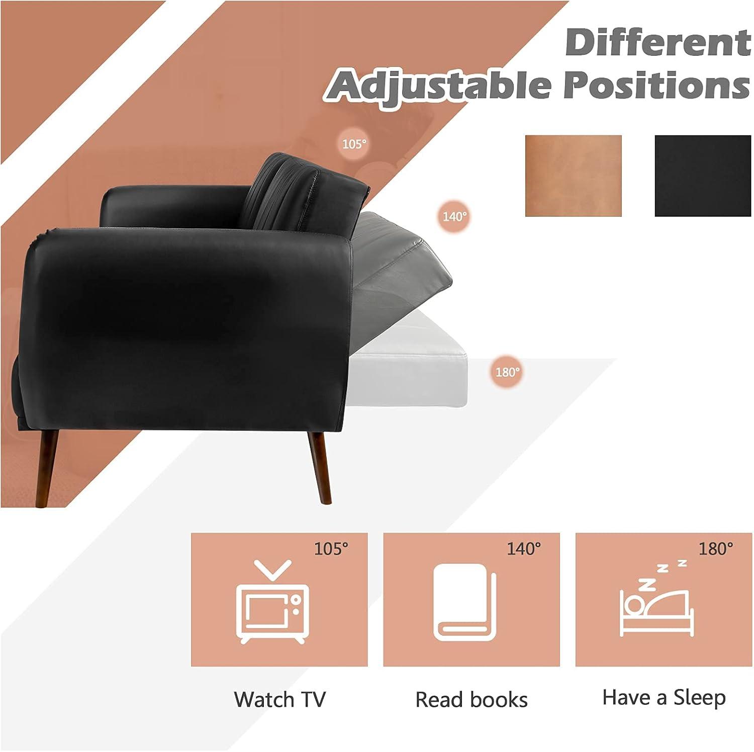 image:imageGiantex 3 Seat Sofa Bed Convertible Futon Sofa HighDensity Sponge Adjustable Backrest Rubber Wood Legs Foldable Couch Sleeper with Armrest for Living Room Bedroom Lounge Office BlackBlack