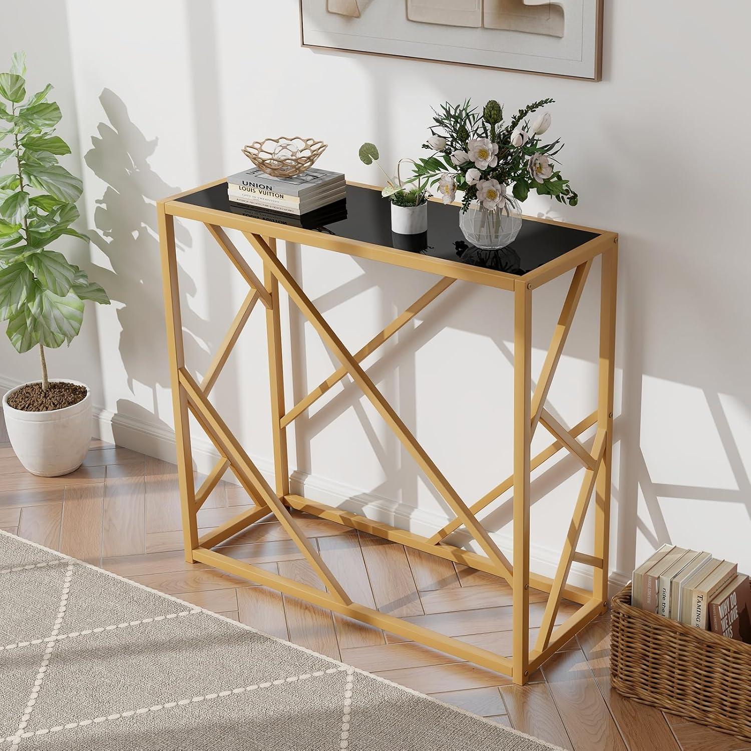 image:imageGiantex 315 Gold Entryway Console Table Narrow Sofa Side Table wMetal Frame amp Tempered Glass Top Modern Foyer Table wFoot Pads Home Long Display Table for Living Room Hallway Entry Table