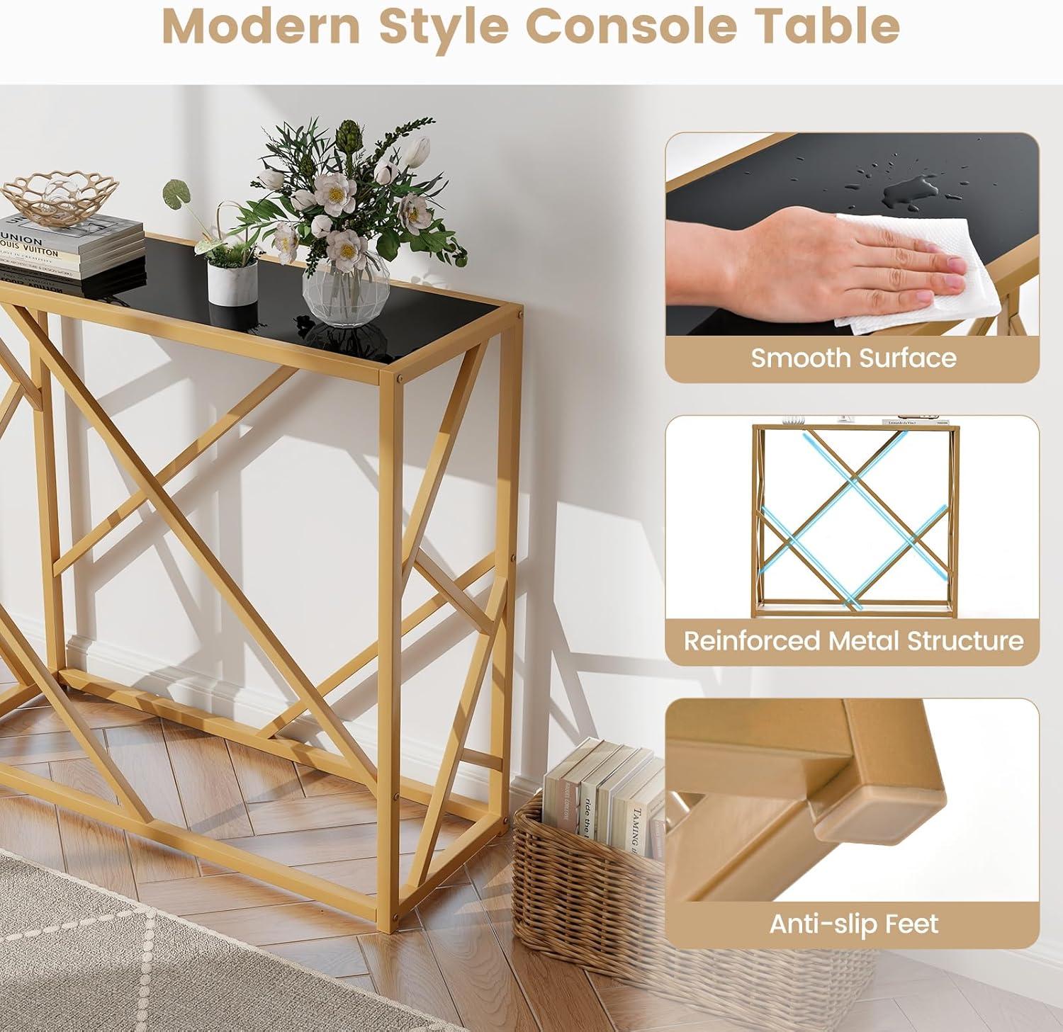 image:imageGiantex 315 Gold Entryway Console Table Narrow Sofa Side Table wMetal Frame amp Tempered Glass Top Modern Foyer Table wFoot Pads Home Long Display Table for Living Room Hallway Entry Table